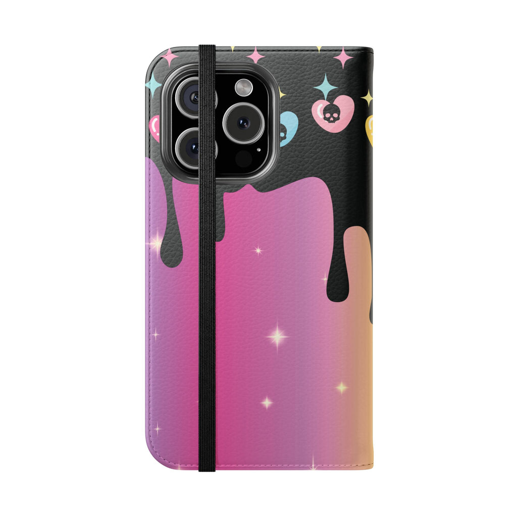 Pastel Goth Drippy Rainbow Skulls Flip Wallet Phone Case - Wallet Case for Samsung and iPhone - Gothic Style Wallet Phone Cases