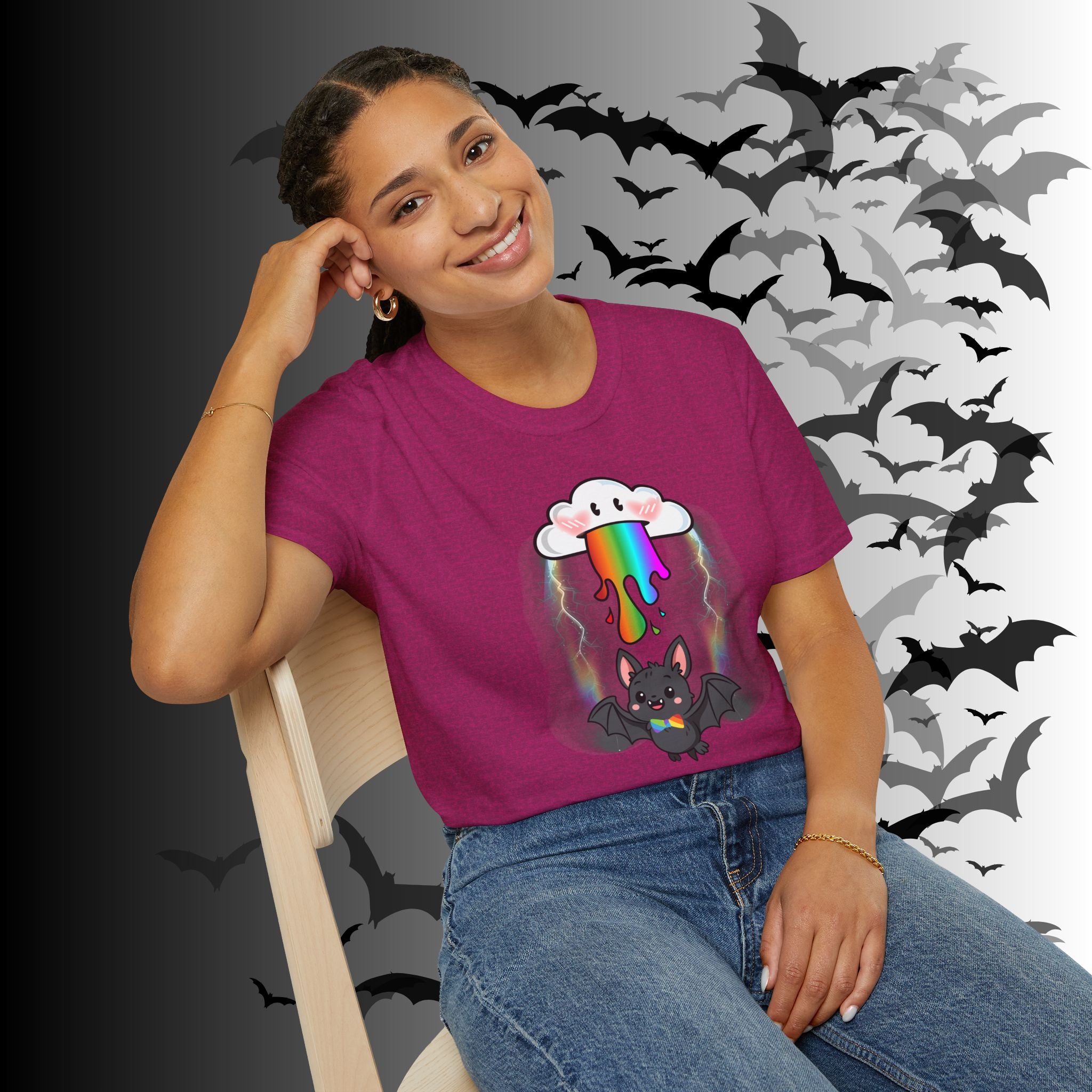 Rainbow Vomit Cloud Bat T-Shirt — Kawaii Goth Pride Unisex Tee