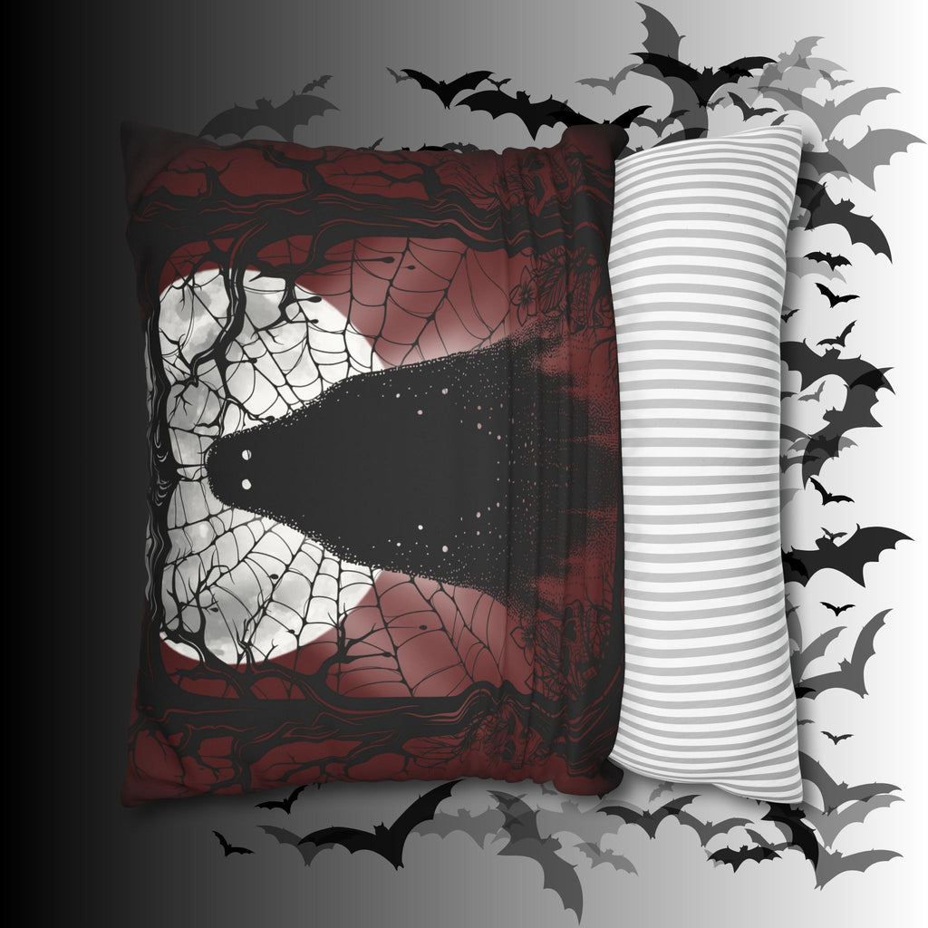 Gothic Ghost Cobweb Moon Throw Pillow — Spooky Halloween Dark Home Decor