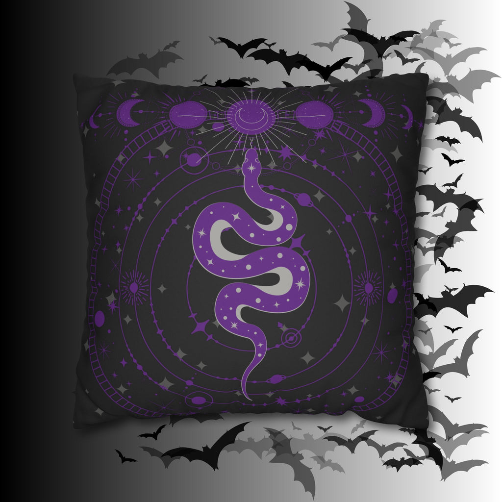 Purple Celestial Snake Moon Phases Throw Pillow — Witchy Gothic Dark Home Decor