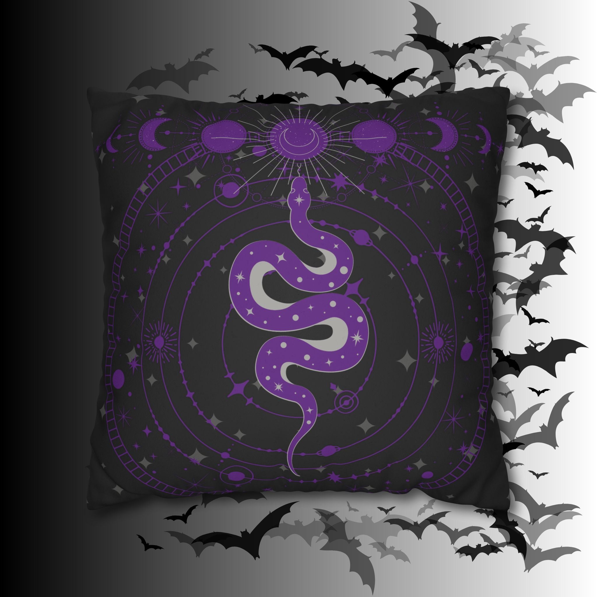 Purple Celestial Snake Moon Phases Throw Pillow — Witchy Gothic Dark Home Decor