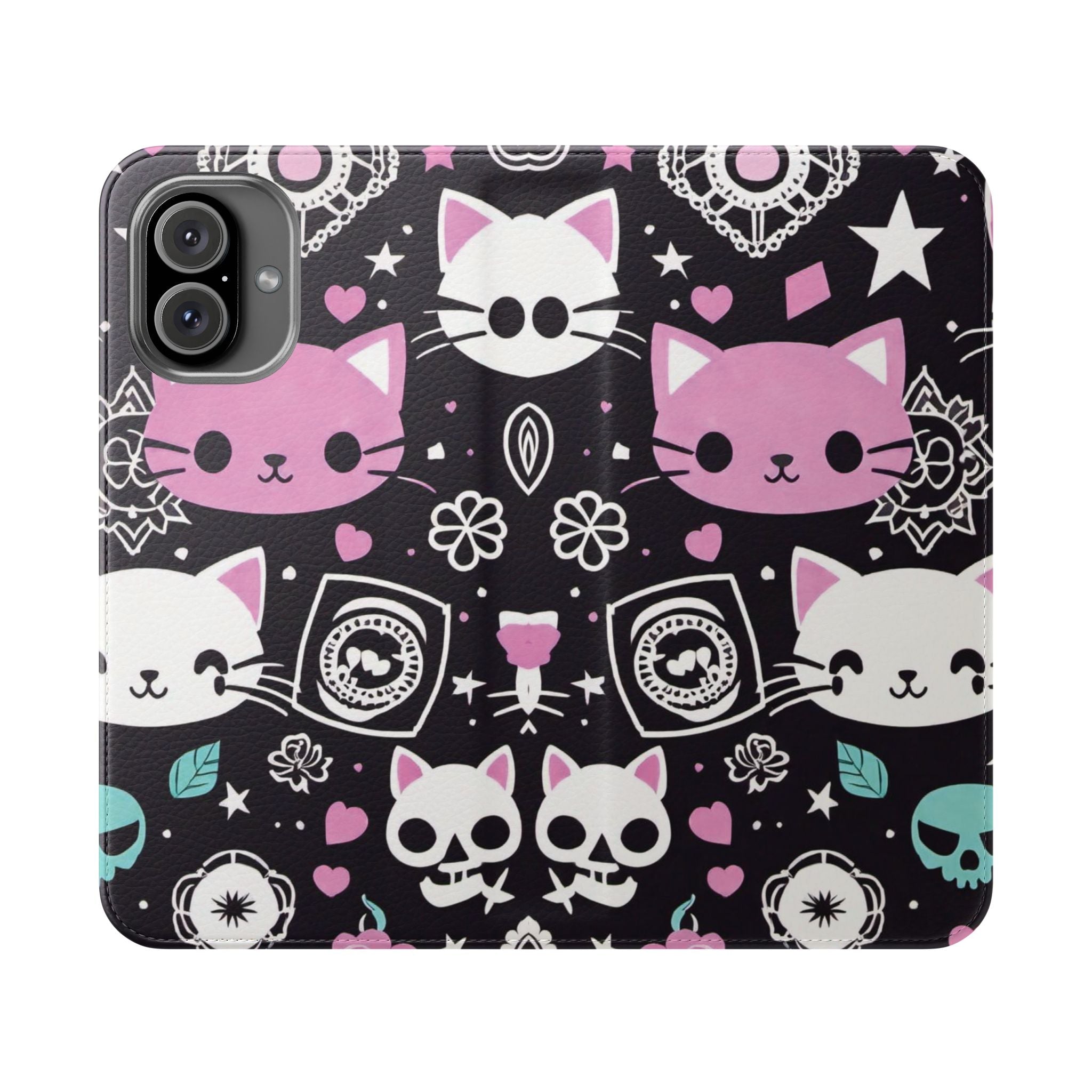 Pastel Goth Cat Flip Wallet Phone Case - Goth Cat Wallet Case for Samsung iPhone - Gothic Style Cats Wallet Phone Cases