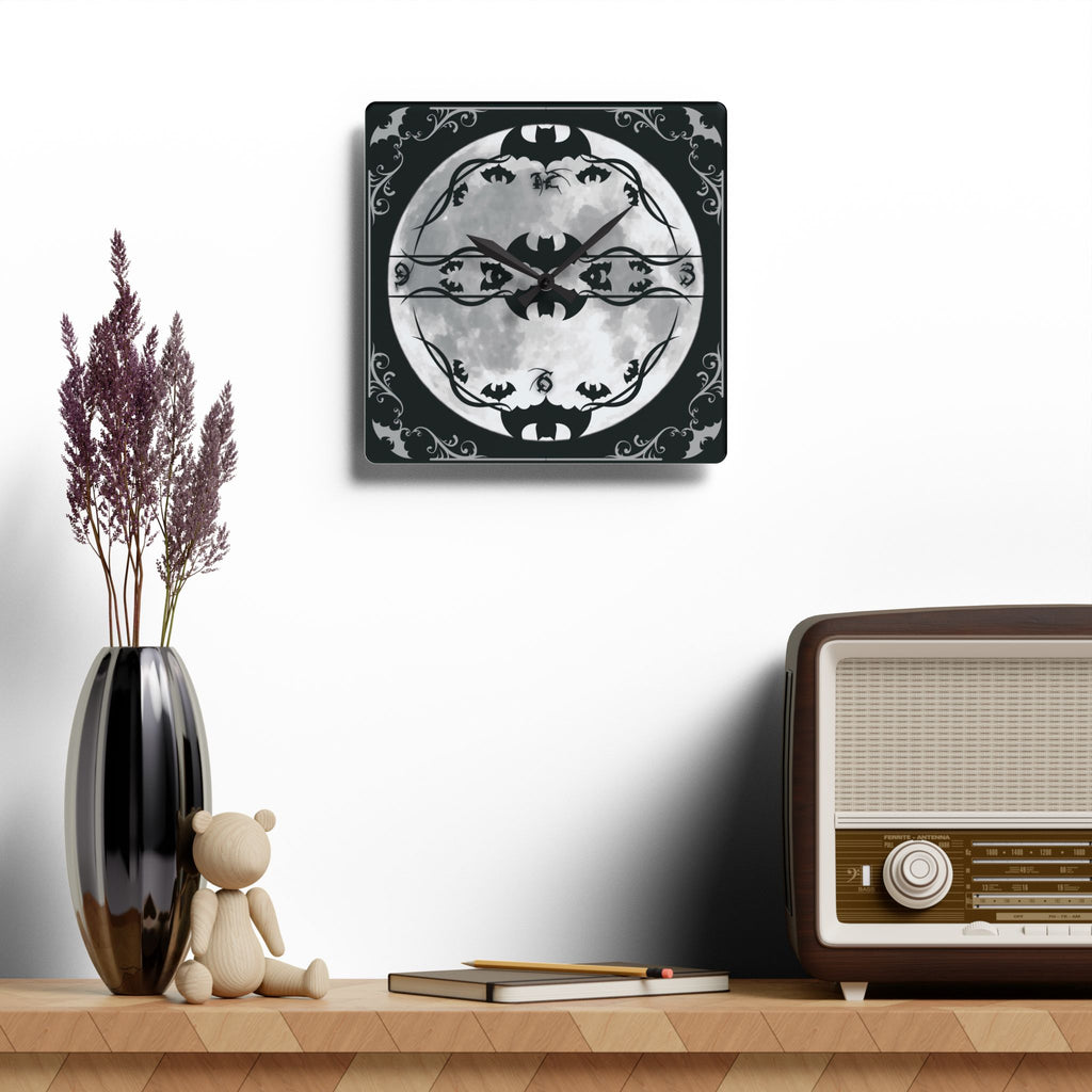 Gothic Bats Full Moon Wall Clock — Halloween Acrylic Art Print Home Decor