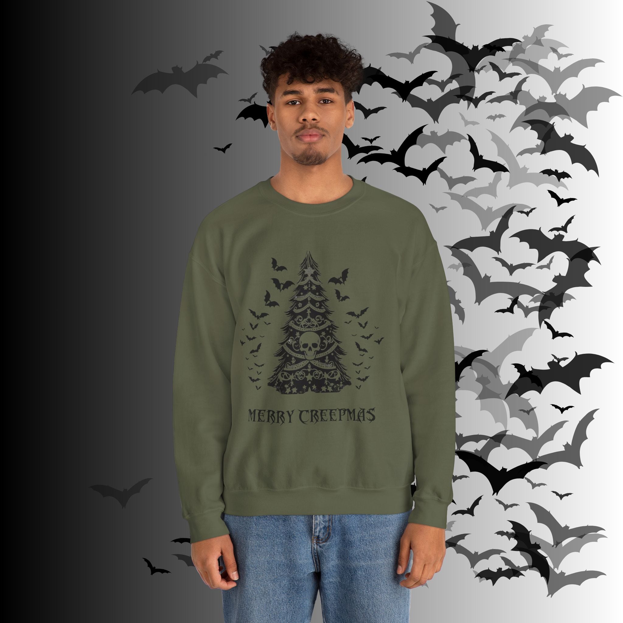 Merry Creepmas Tree Crewneck Sweatshirt — Gothic Christmas Skull Bat