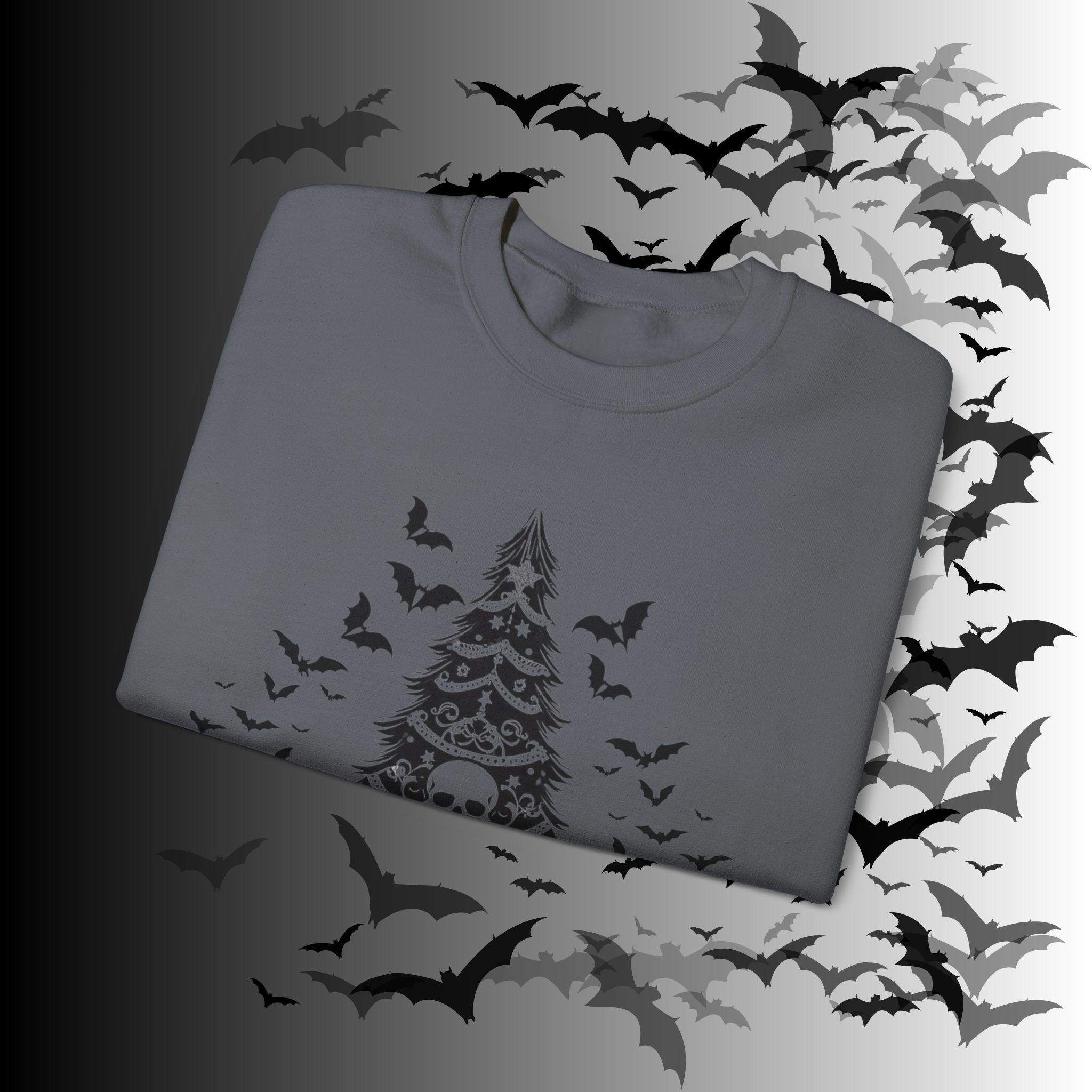 Merry Creepmas Tree Crewneck Sweatshirt — Gothic Christmas Skull Bat