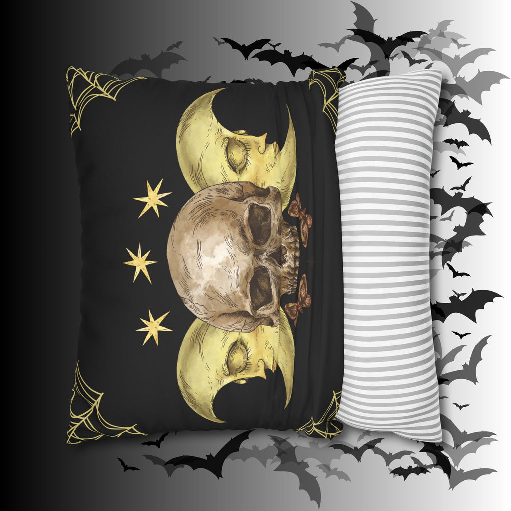Gothic Moon Skull Throw Pillow — Celestial Dark Home Decor
