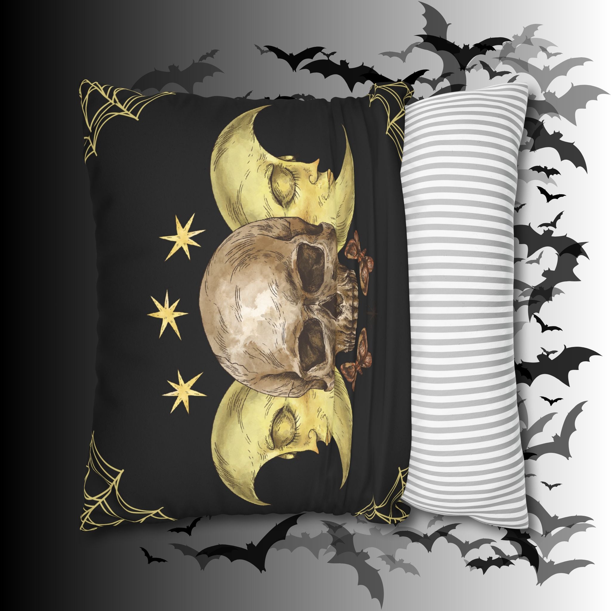Gothic Moon Skull Throw Pillow — Celestial Dark Home Decor