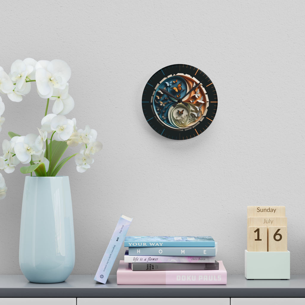 Origami Style Yin Yang Butterfly Acrylic Art Print Wall Clock Teal Orange — NOT Real Origami, Zen Home Decor