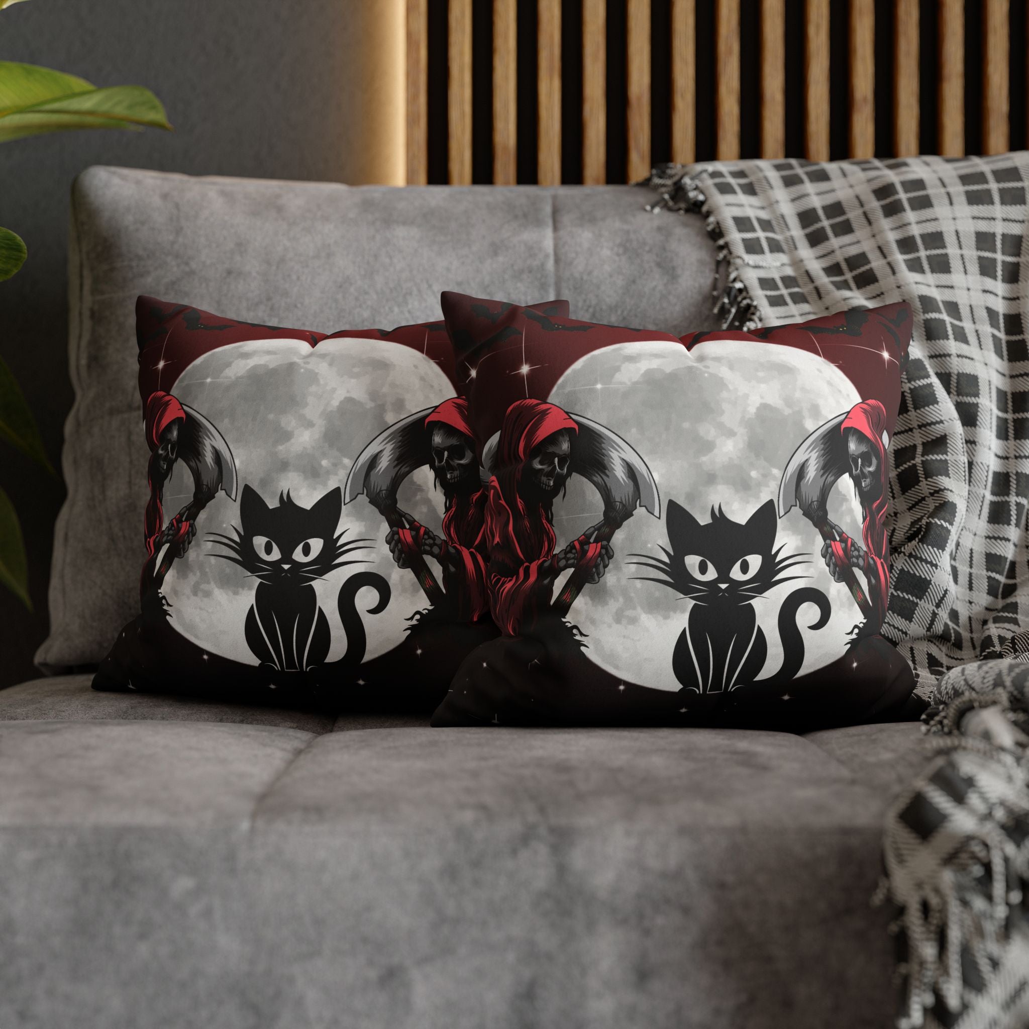 Gothic Black Cat Grim Reaper Throw Pillow — Moonlit Dark Home Decor