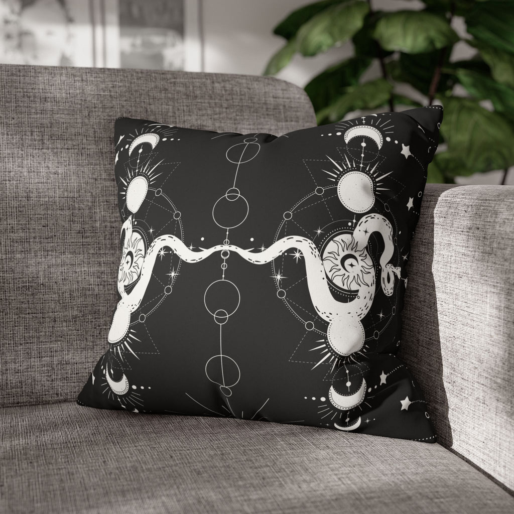 Celestial Snake Moon Phases Throw Pillow — Witchy Gothic Dark Home Decor