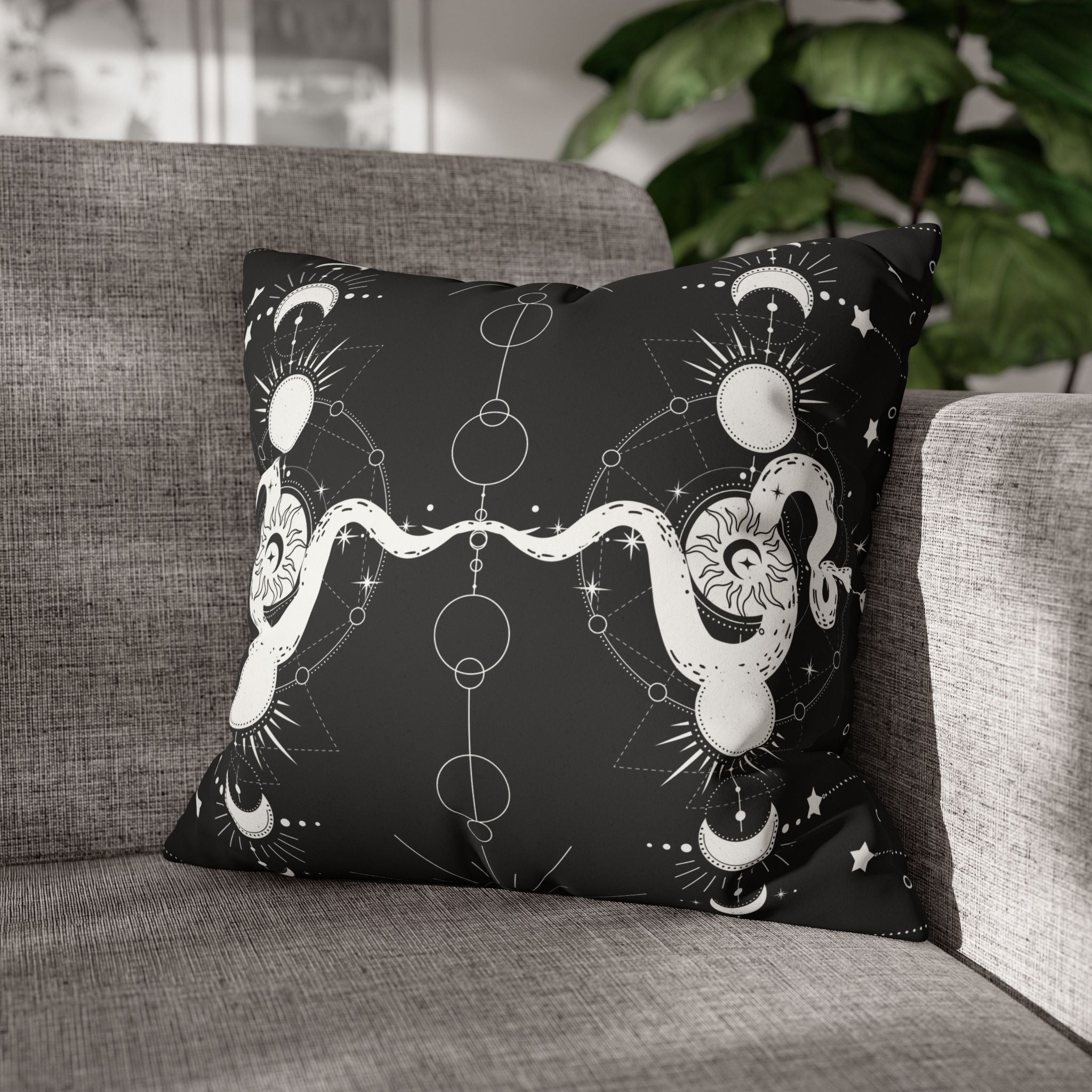 Celestial Snake Moon Phases Throw Pillow — Witchy Gothic Dark Home Decor