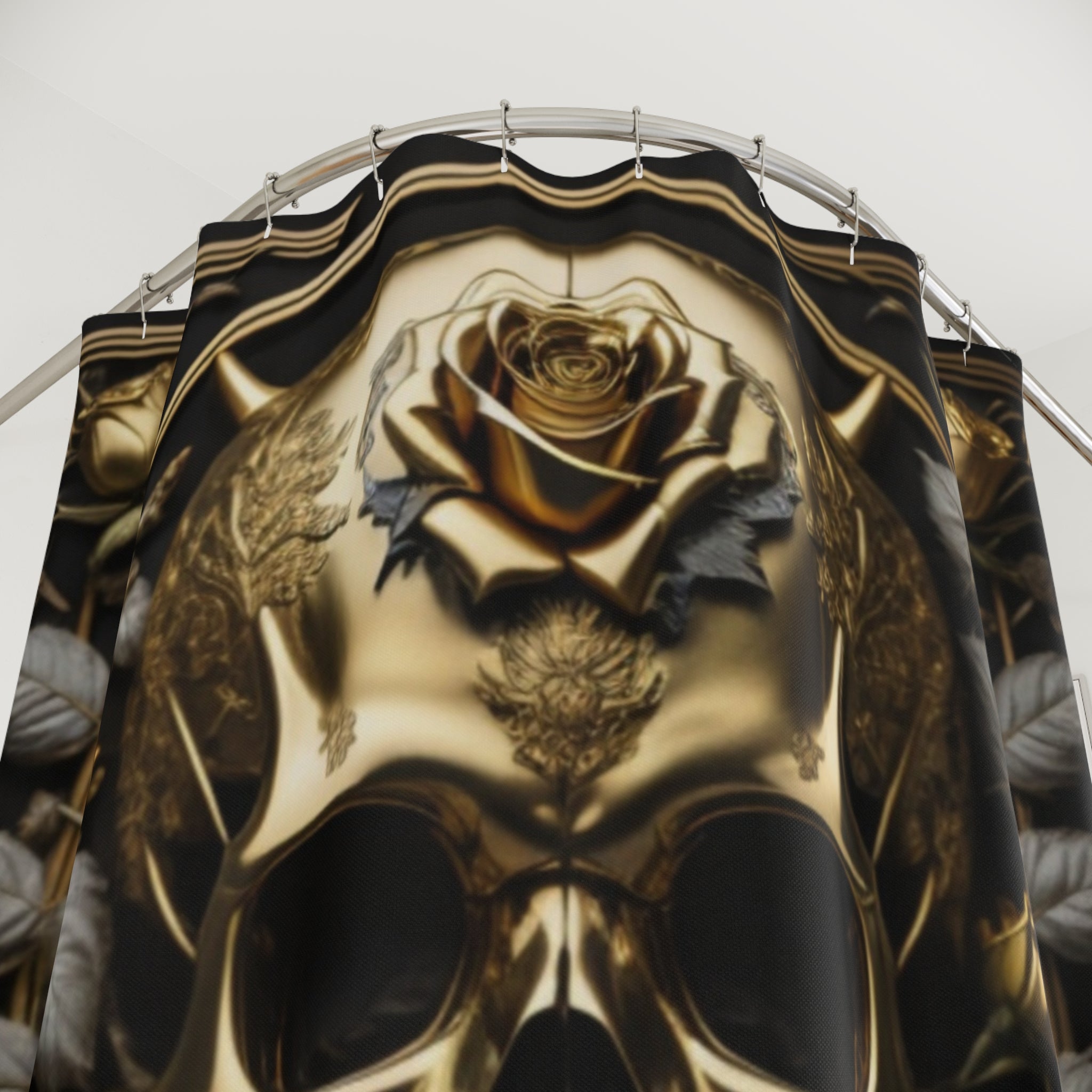 Gothic Black & Gold Skull Rose Shower Curtain — Gothic Glam Bathroom Decor