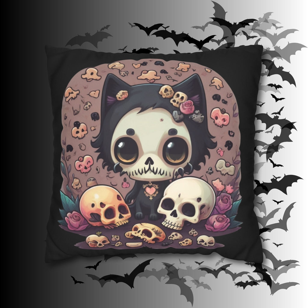 Gothic Skull Face Cat Throw Pillow — Creepy Cute Pastel Goth Home Decor