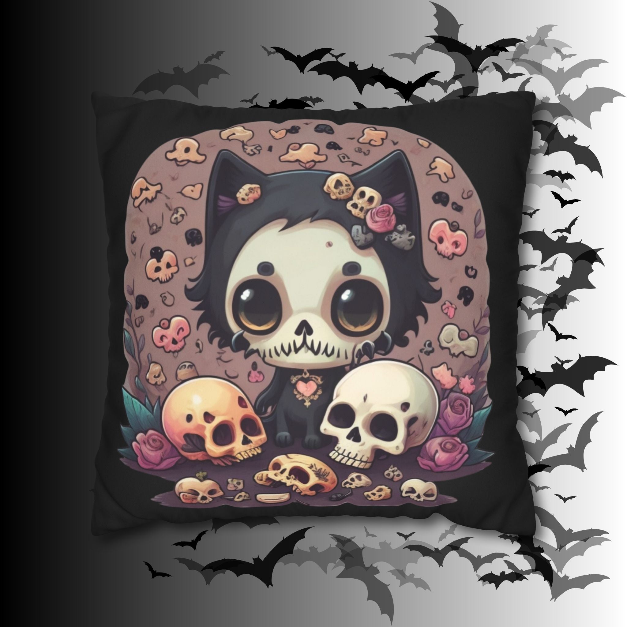 Gothic Skull Face Cat Throw Pillow — Creepy Cute Pastel Goth Home Decor