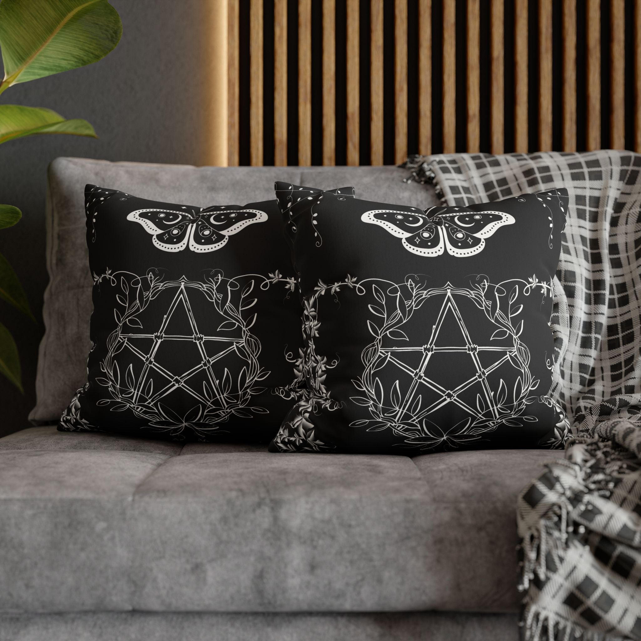 Witchy Moth Pentagram Throw Pillow — Botanical Gothic Dark Home Decor
