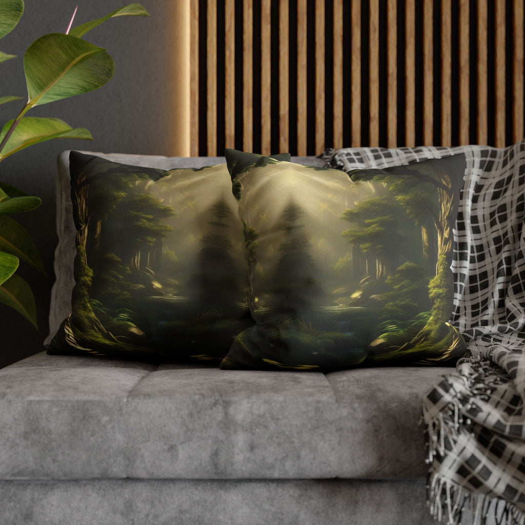Two square throw pillows on a grey sofa featuring a symmetrical enchanted forest scene with tall dark evergreens flanking a misty golden-lit path through ancient moss-covered trees rendered in deep greens, gold, and shadow