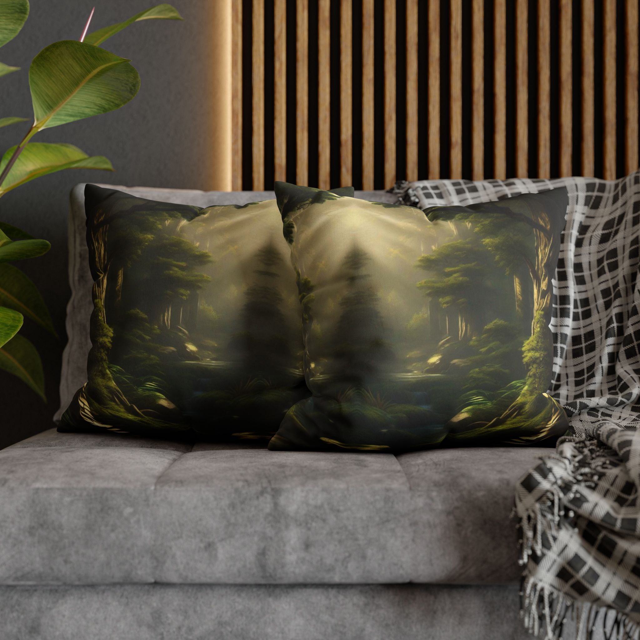 Two square throw pillows on a grey sofa featuring a symmetrical enchanted forest scene with tall dark evergreens flanking a misty golden-lit path through ancient moss-covered trees rendered in deep greens, gold, and shadow