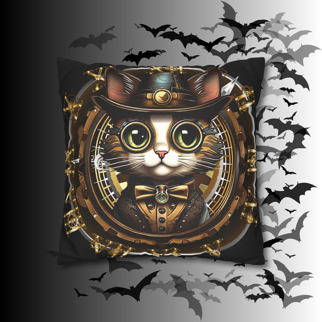 Steampunk Cat Throw Pillow — Vintage Industrial Gothic Home Decor