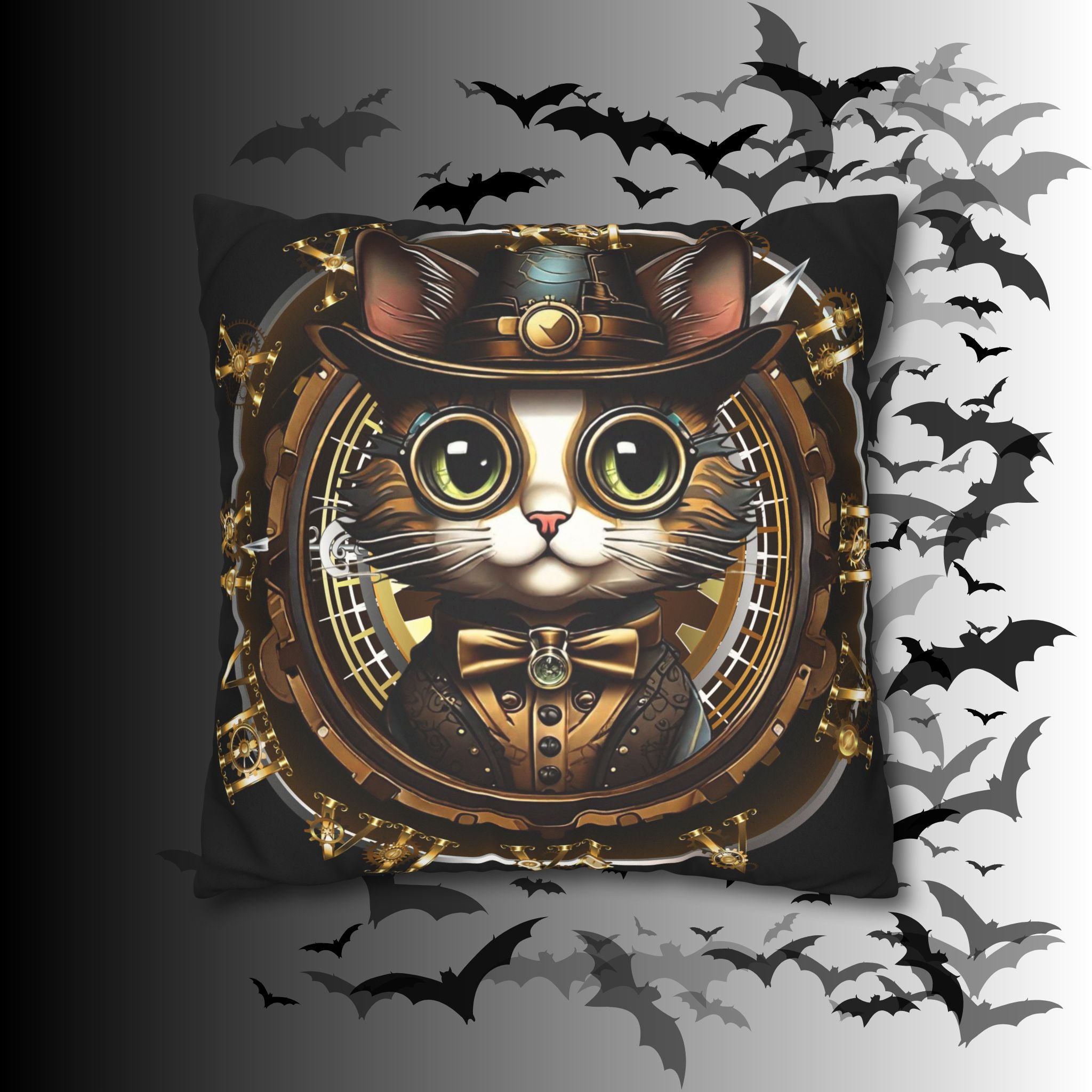 Steampunk Cat Throw Pillow — Vintage Industrial Gothic Home Decor
