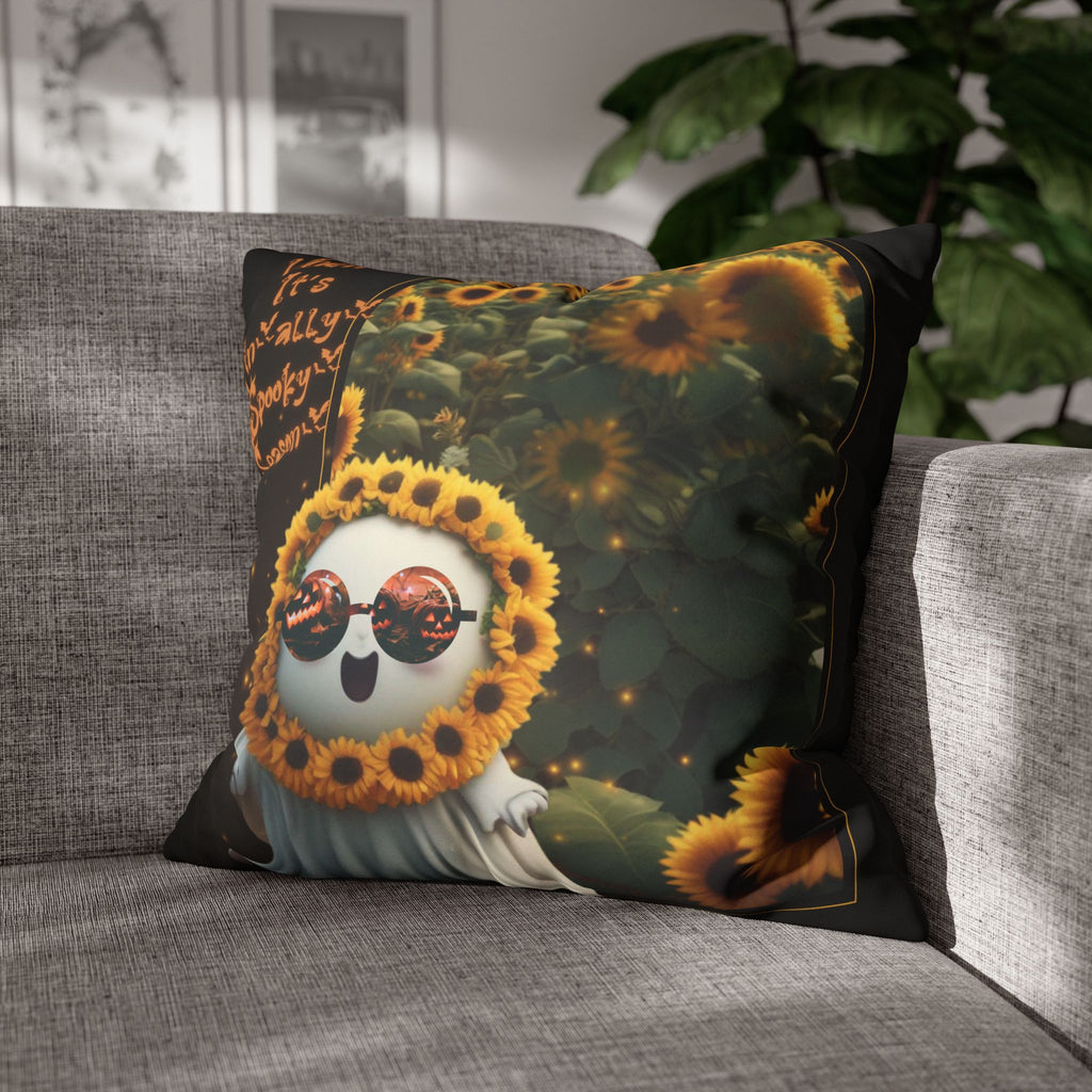 Spooky Season Ghost Sunflower Throw Pillow — Halloween Dark Home Decor