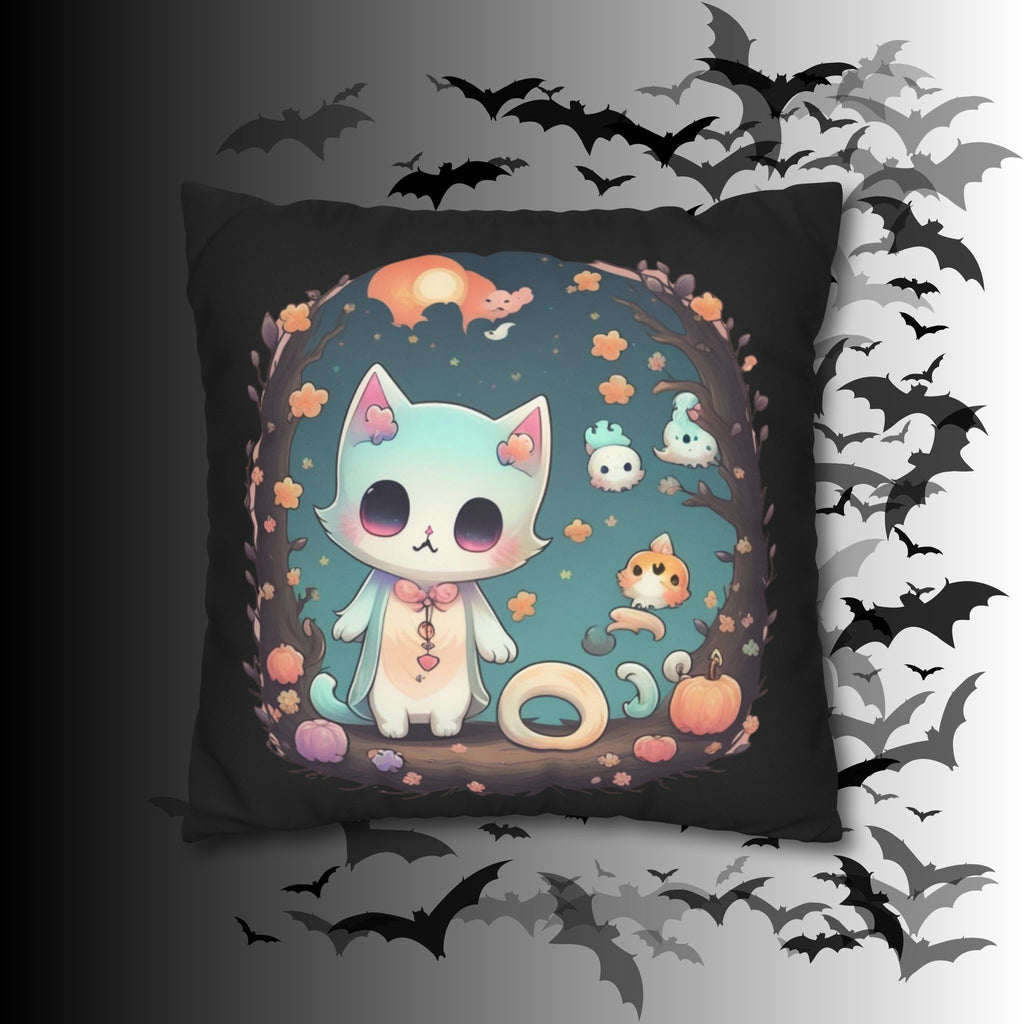 Creepy Cute Pastel Goth Cat Throw Pillow — Kawaii Halloween Dark Home Decor