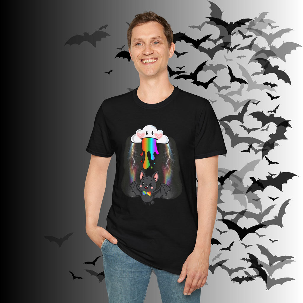 Rainbow Vomit Cloud Bat T-Shirt — Kawaii Goth Pride Unisex Tee
