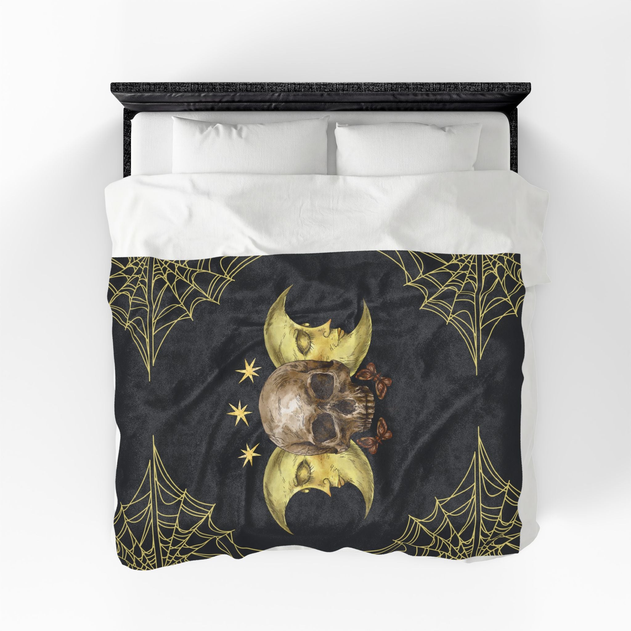Gothic Gold Moon Skull Throw Blanket — Moonlit Halloween Home Decor