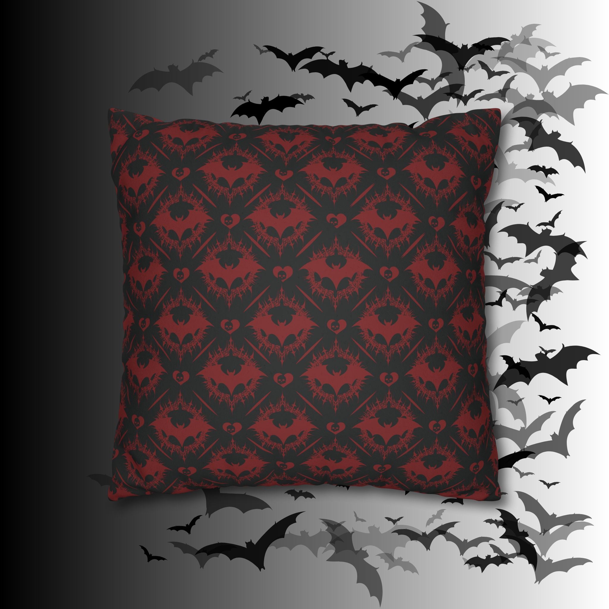 Gothic Bat Diamond Pattern Throw Pillow — Midnight Black Dark Home Decor