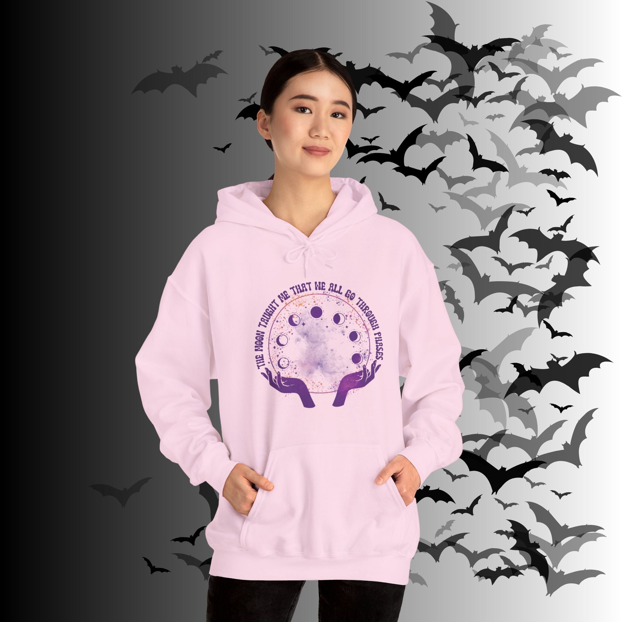 The Moon Taught Me We All Go Through Phases Hoodie — Witchy Moon Phase Pullover