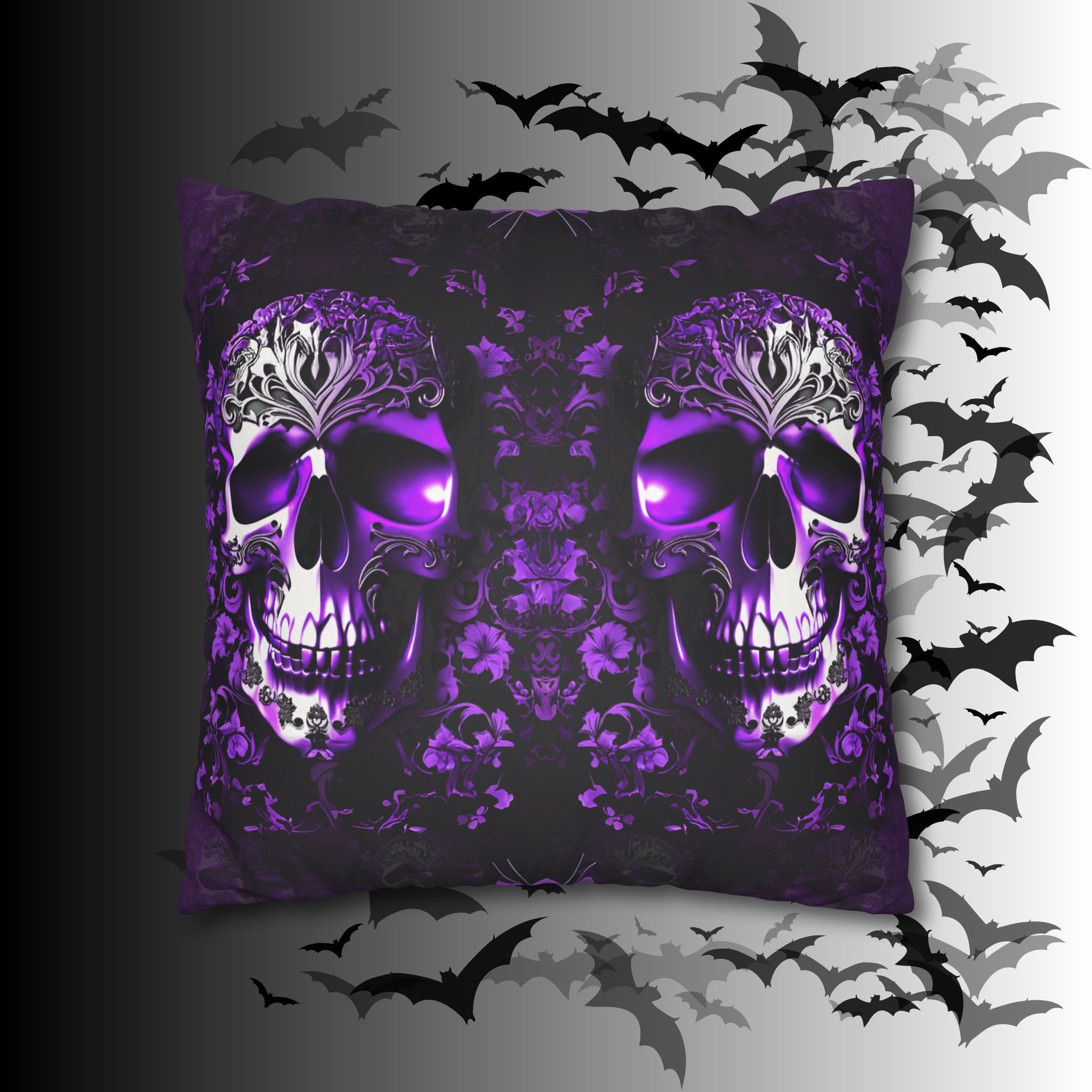 Purple Gothic Skull Throw Pillow — Damask Dark Home Decor