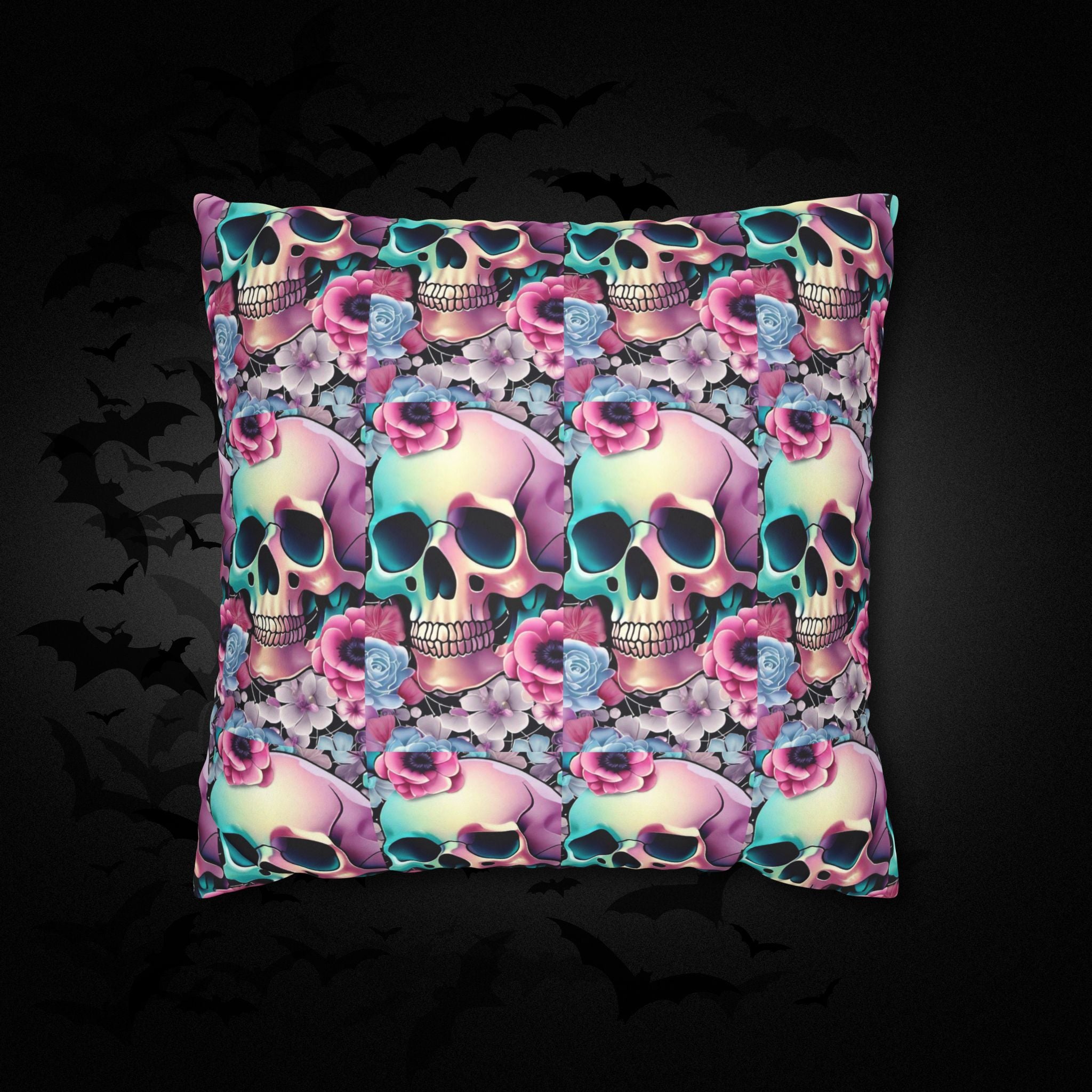 Pastel Goth Floral Skull Throw Pillow — Dark Floral Emo Home Decor