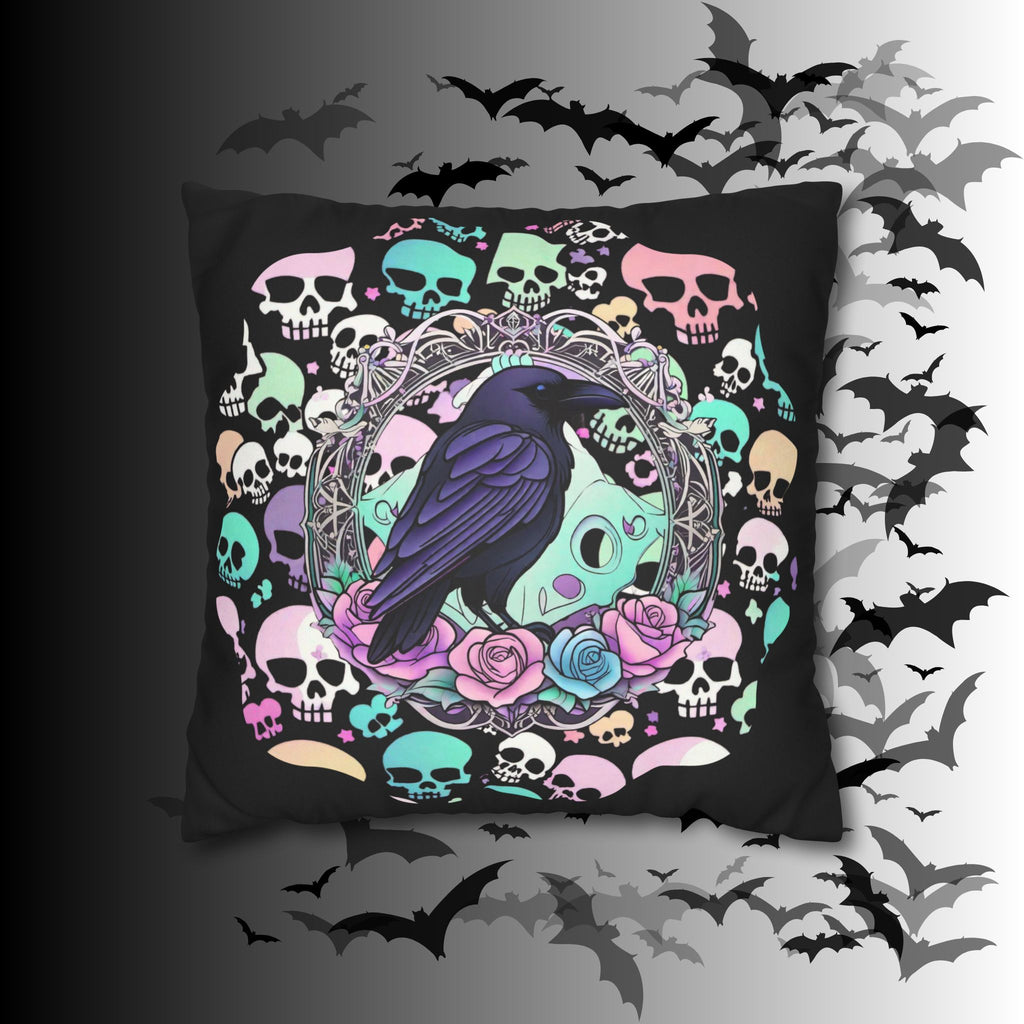 Pastel Goth Raven Skull Throw Pillow — Dark Floral Gothic Home Decor