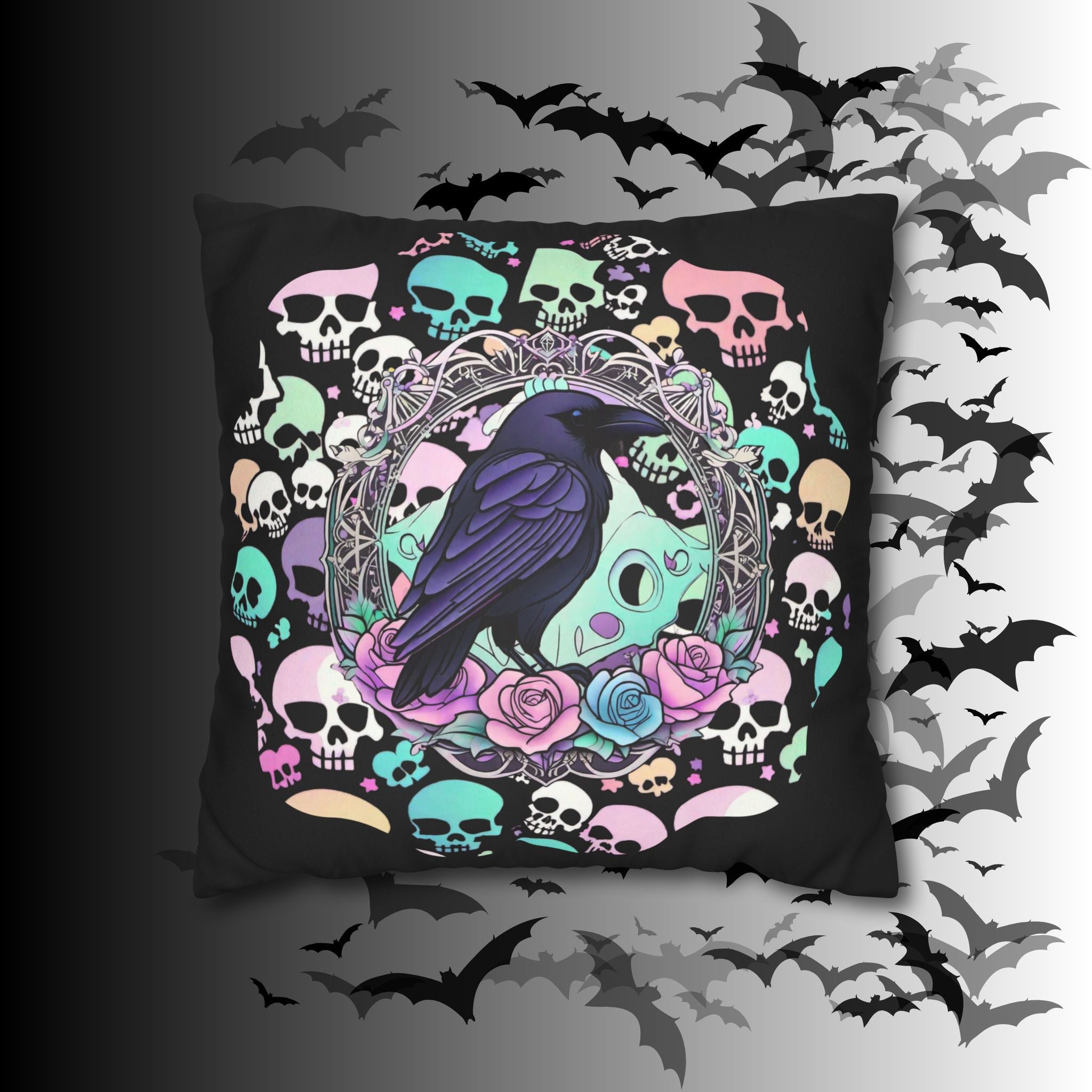 Pastel Goth Raven Skull Throw Pillow — Dark Floral Gothic Home Decor
