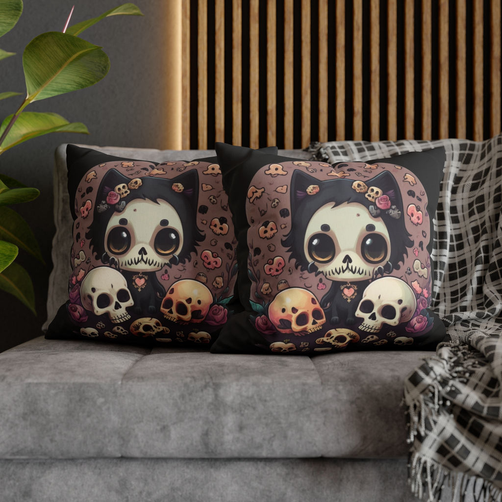 Two square throw pillows on a grey sofa featuring a big-eyed kawaii cat with a skull face and pink rose behind its ear, seated before three grinning skulls and dark roses against a warm mauve background scattered with tiny bones, mini skulls, and pink heart details