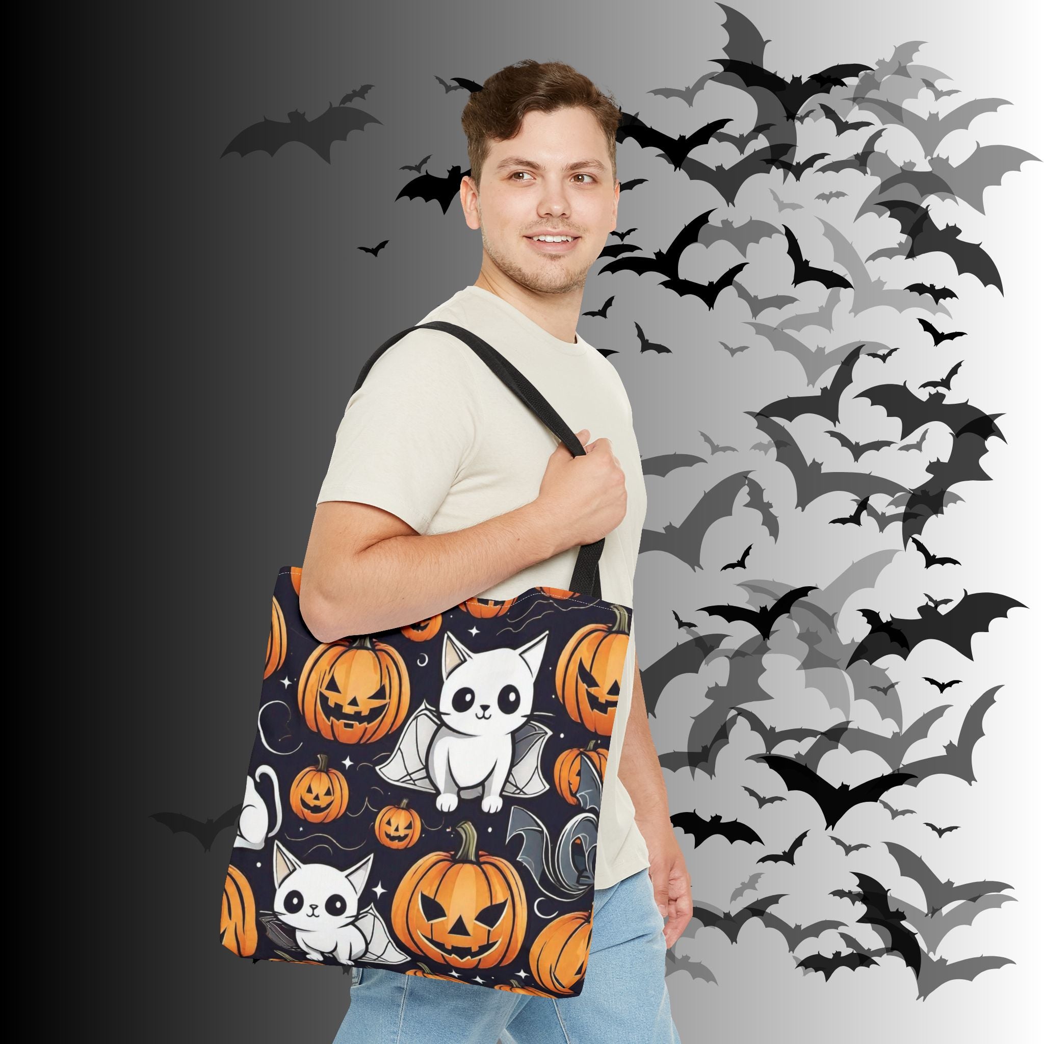 Kawaii Bat Cat Halloween Tote Bag — Spooky Pumpkin Pattern