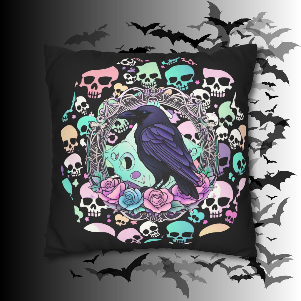 Pastel Goth Raven Skull Throw Pillow — Dark Floral Gothic Home Decor