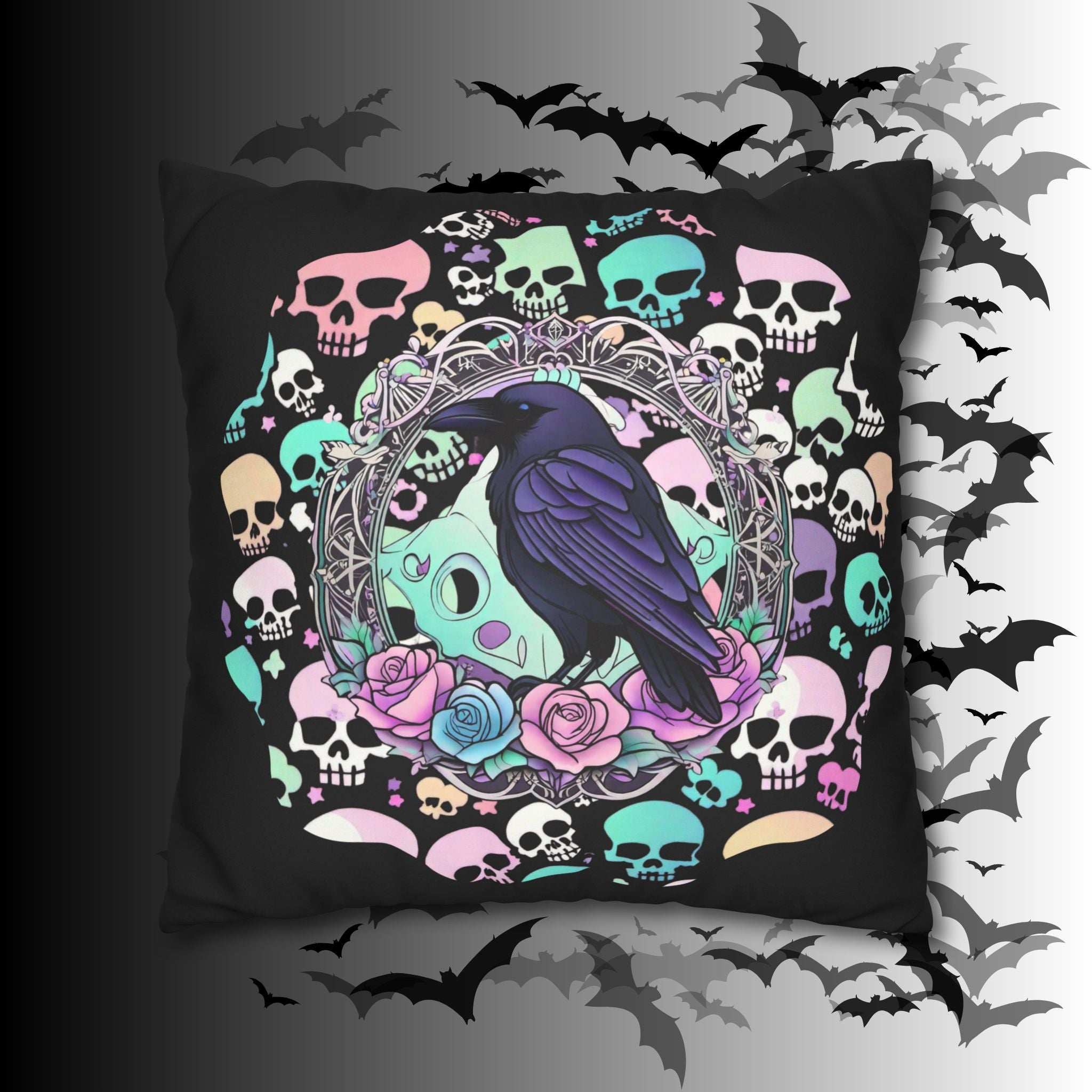 Pastel Goth Raven Skull Throw Pillow — Dark Floral Gothic Home Decor