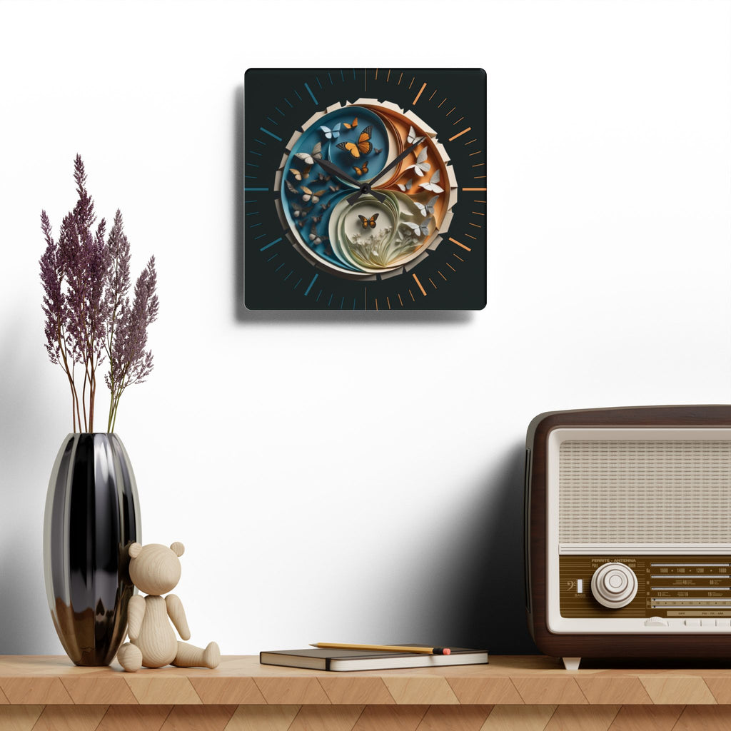 Origami Style Yin Yang Butterfly Acrylic Art Print Wall Clock Teal Orange — NOT Real Origami, Zen Home Decor