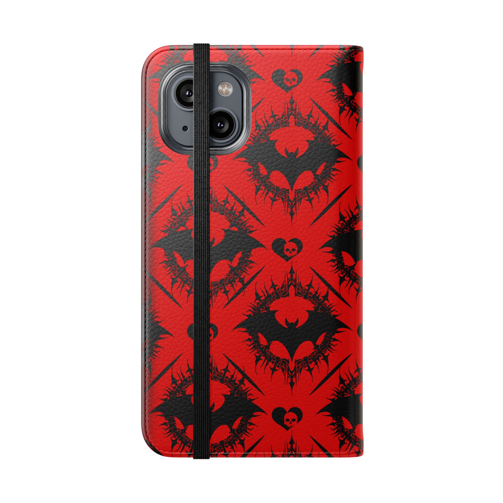 Gothic Bat Wallet Flip Case - Elegant Goth Phone Wallet - Bat Pattern Flip Case - Gothic Phone Case - Stylish Wallet Phone Case