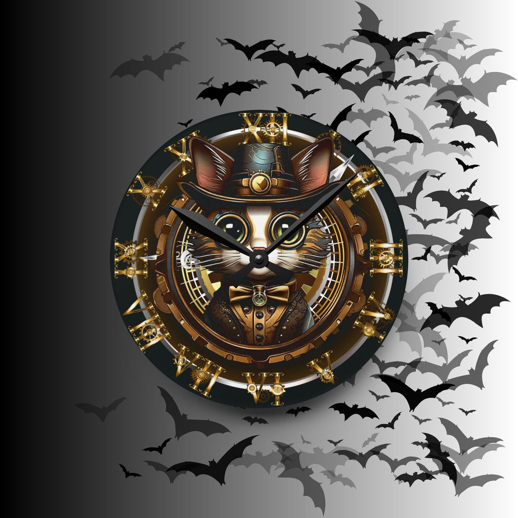 Steampunk Cat Wall Clock — Victorian Gear Acrylic Art Print Home Decor