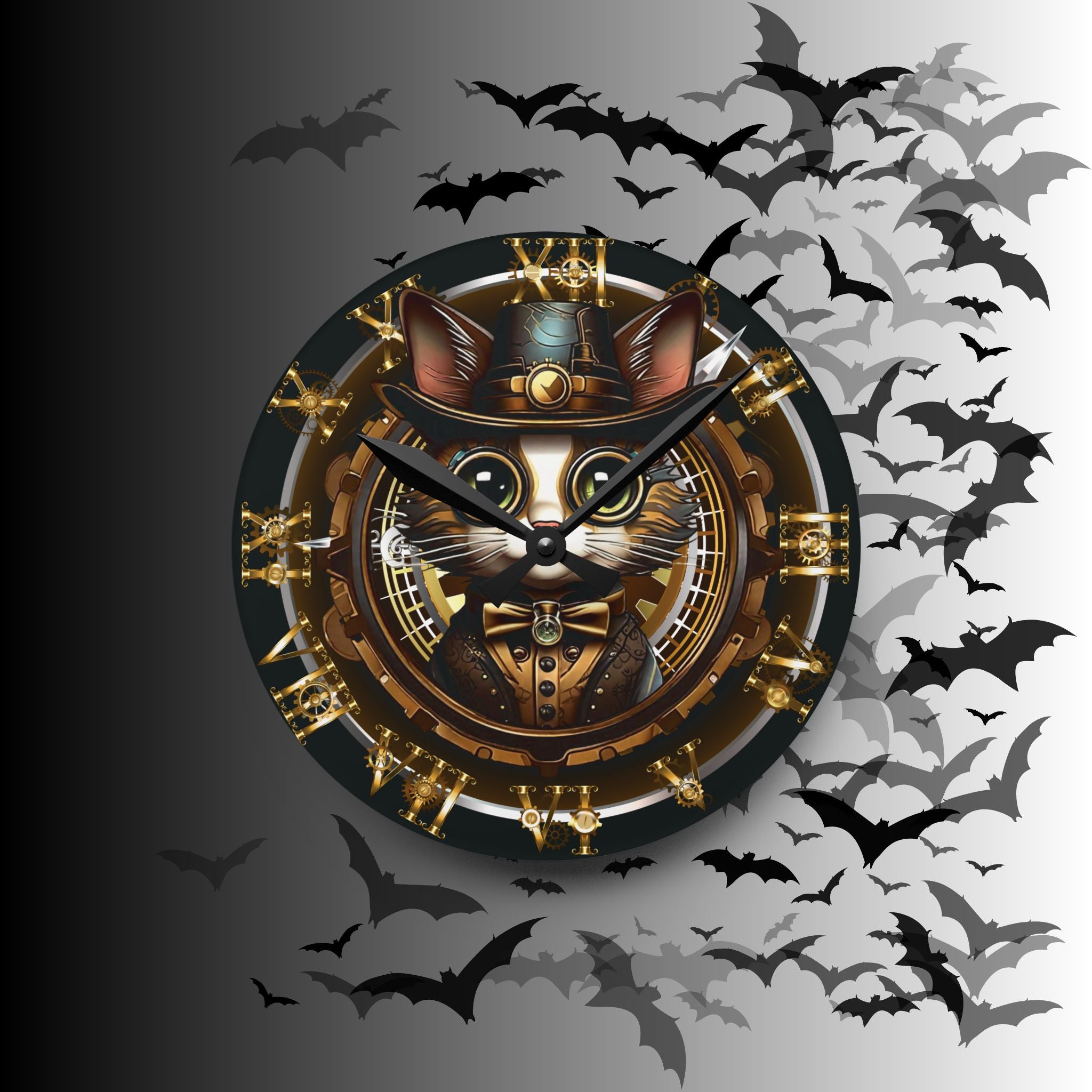 Steampunk Cat Wall Clock — Victorian Gear Acrylic Art Print Home Decor