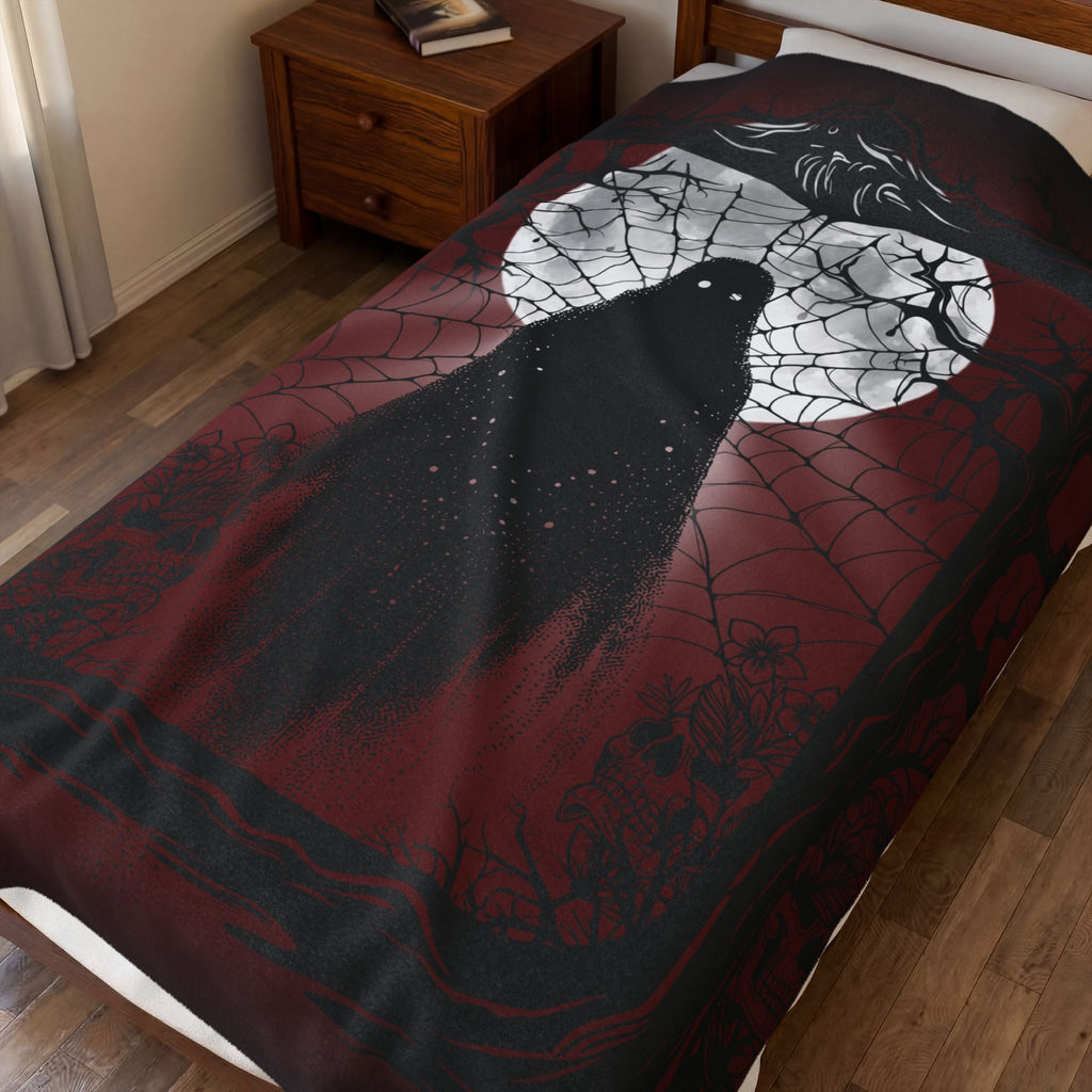 Gothic Ghost Spider Web Throw Blanket — Dark Halloween Home Decor