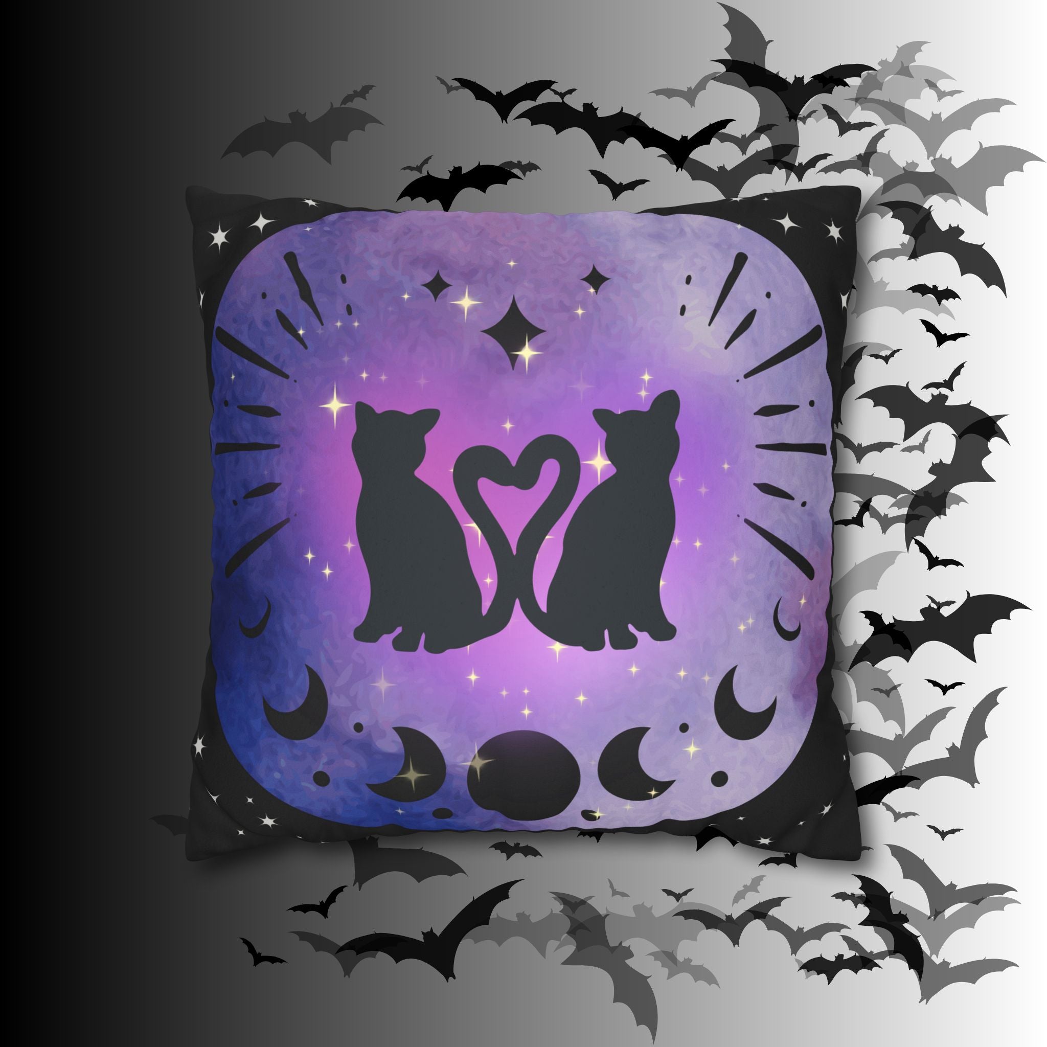 Lunar Love Cats Moon Phases Throw Pillow — Celestial Gothic Dark Home Decor