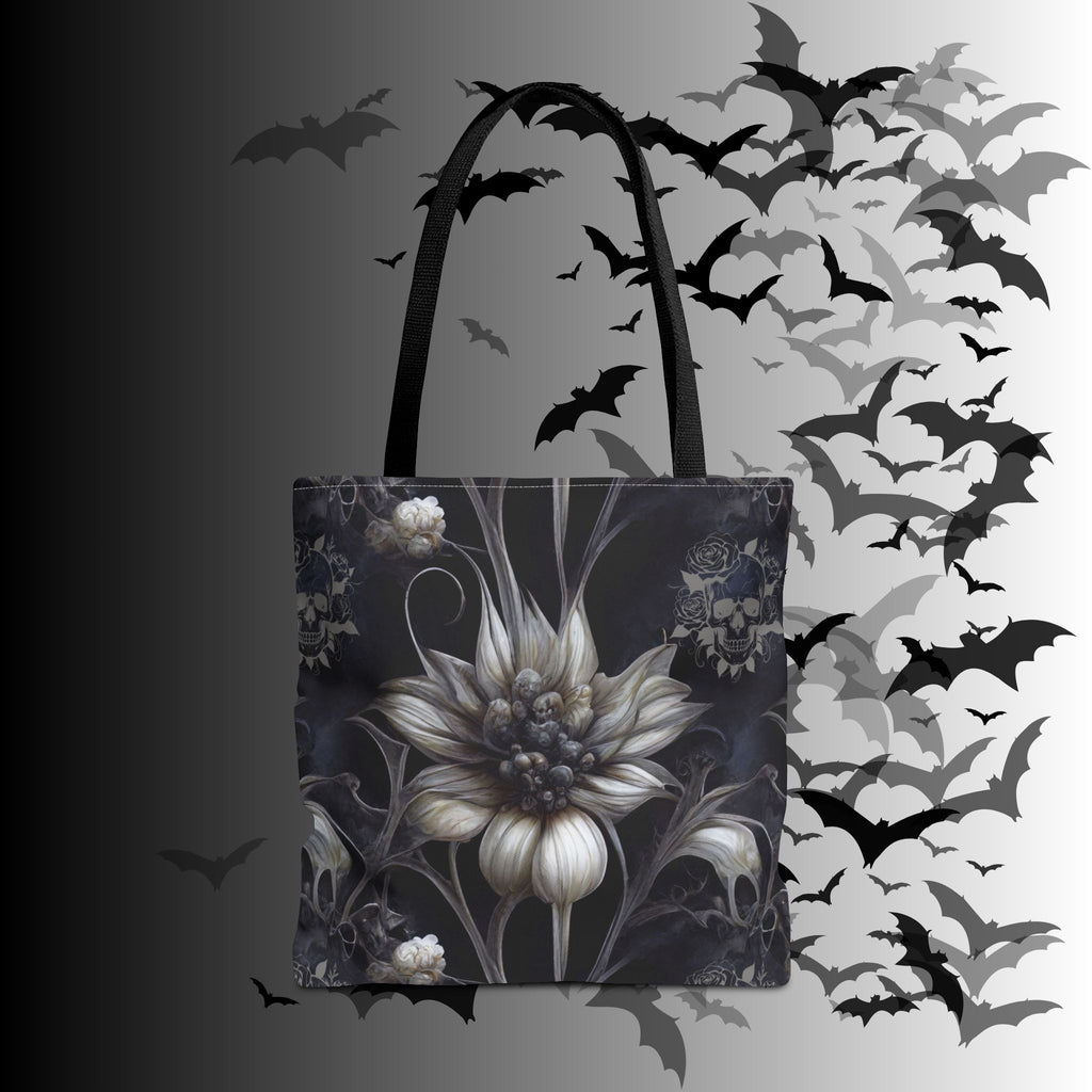 Gothic Botanical Skull Tote Bag — Dark Floral All-Over Print