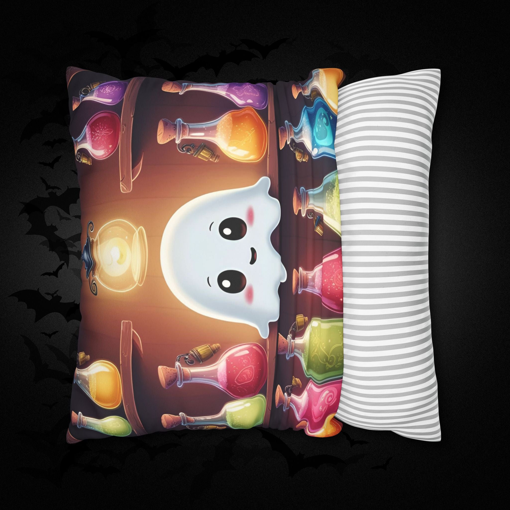 Apothecary Ghost Throw Pillow — Whimsigoth Potion Shelf Dark Home Decor