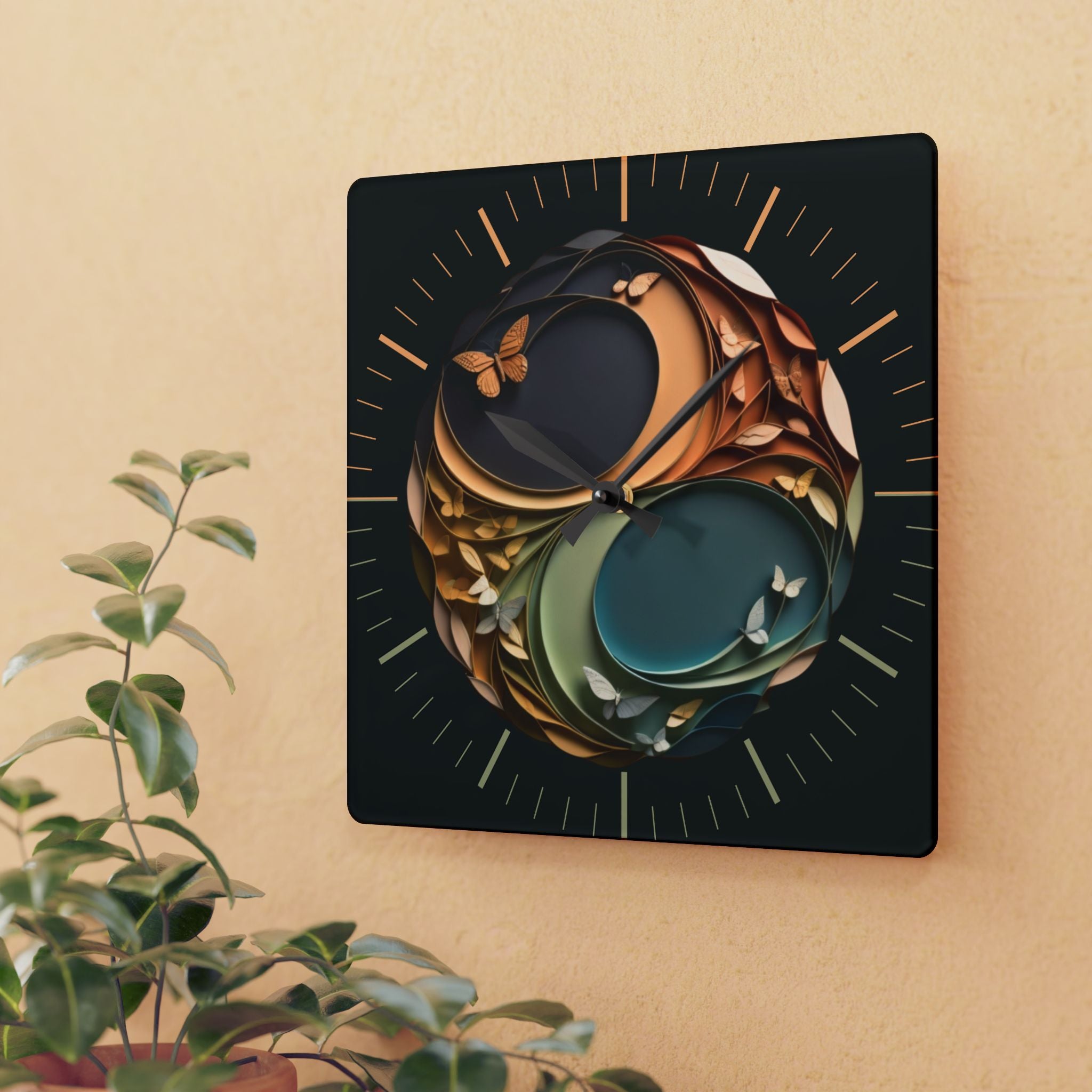 Origami Style Yin Yang Butterfly Acrylic Art Print Wall Clock — NOT Real Origami, Zen Home Decor