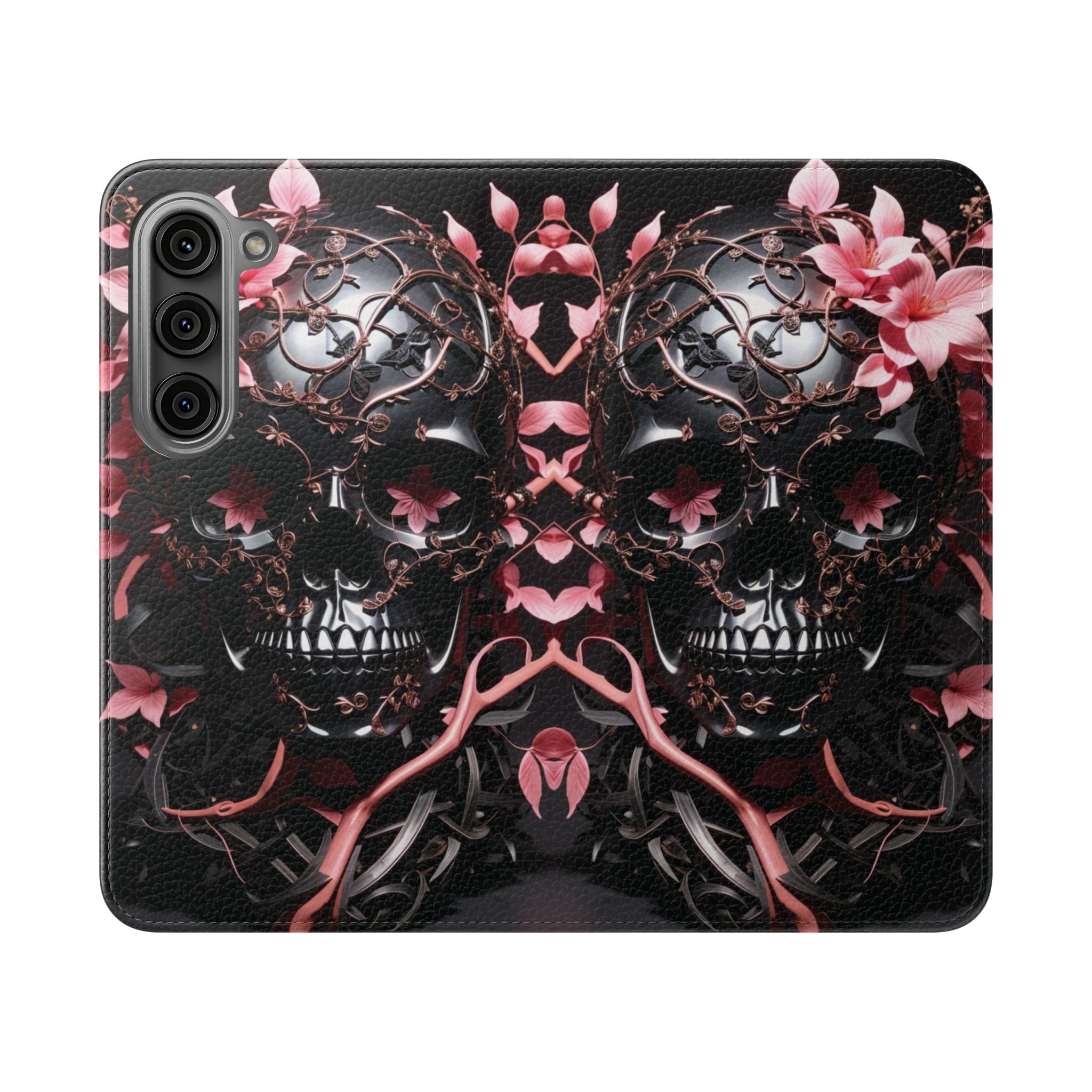 Pink Pastel Goth Skull Flip Wallet Phone Case - Skull Wallet Case for Samsung iPhone - Gothic Style Skull Wallet Phone Cases