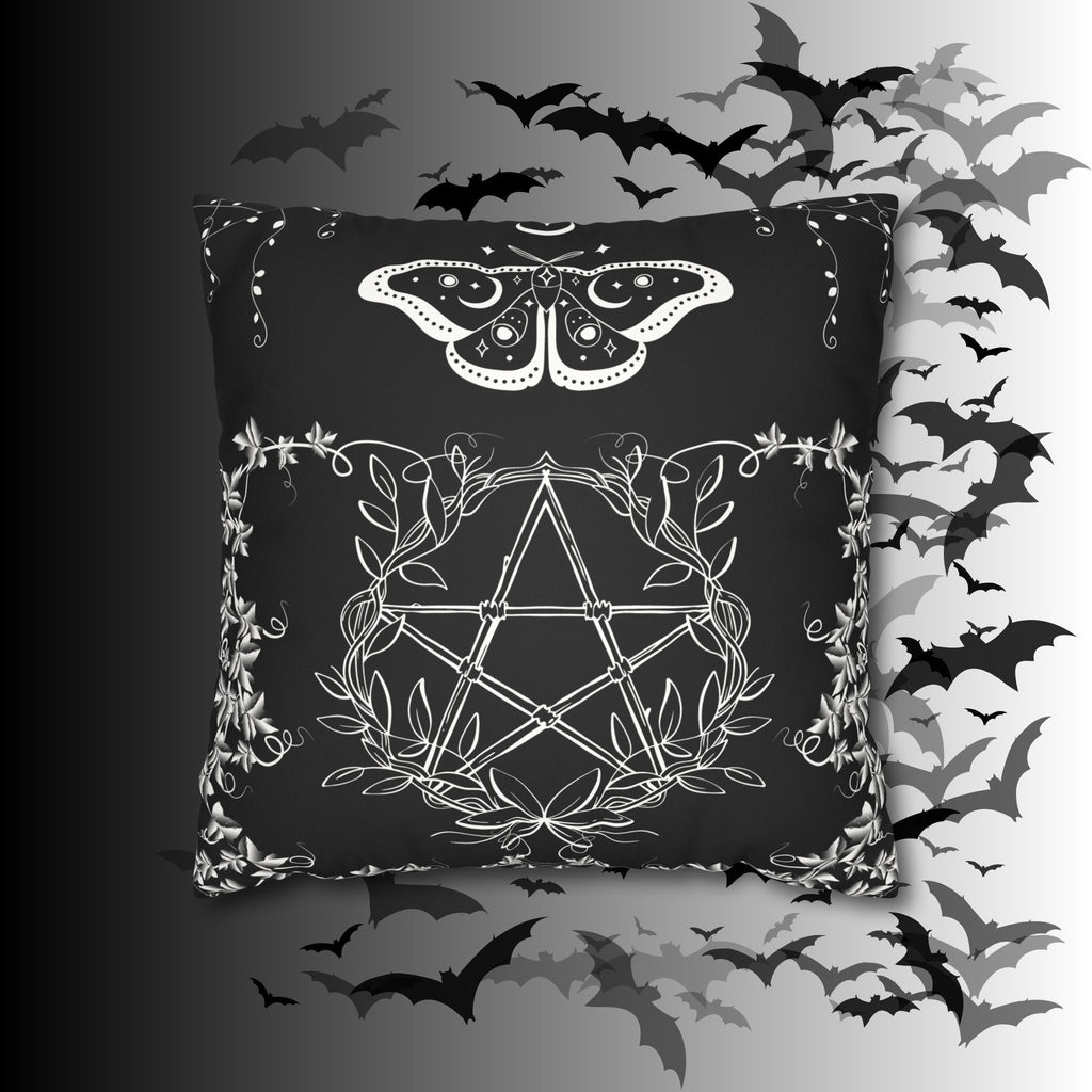 Witchy Moth Pentagram Throw Pillow — Botanical Gothic Dark Home Decor