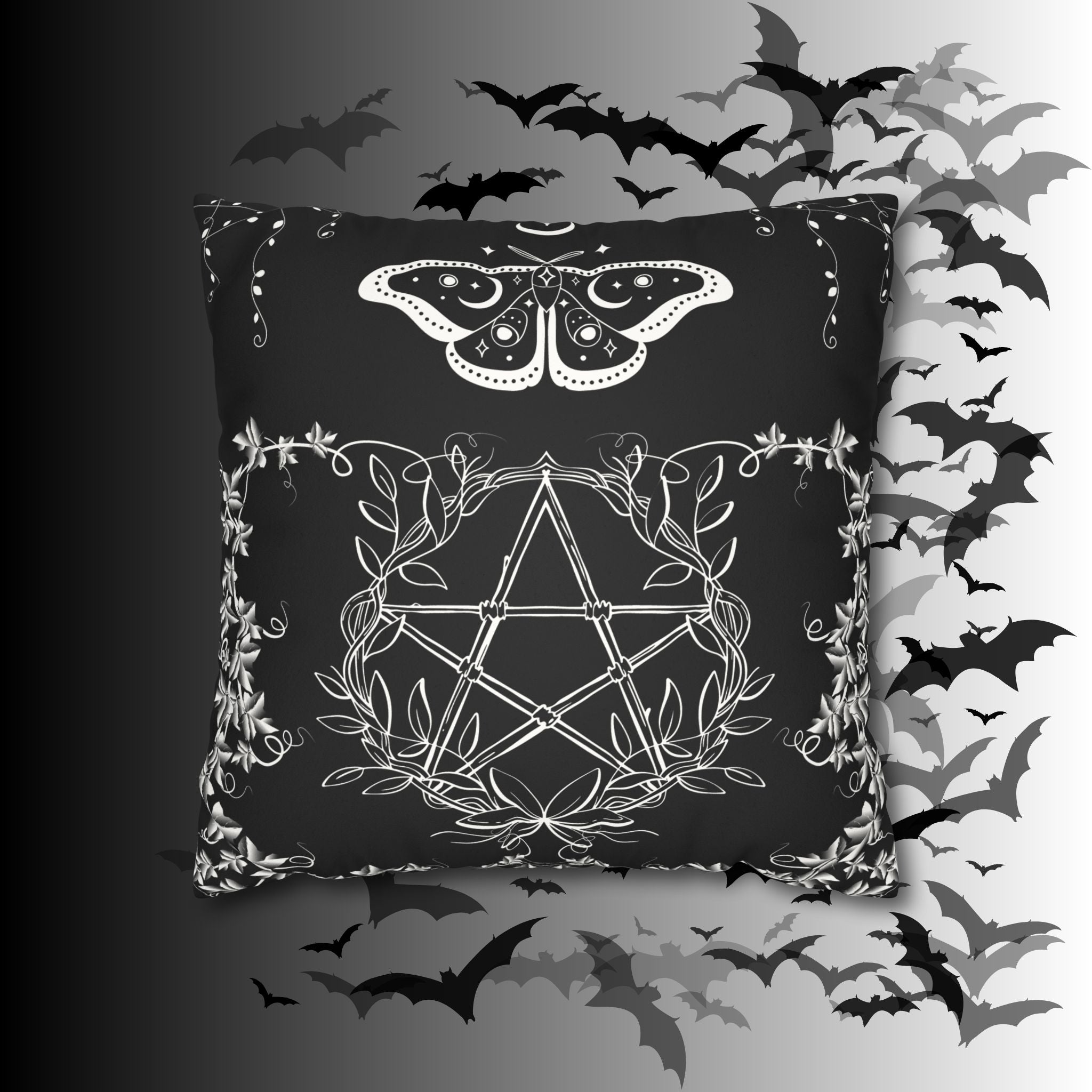 Witchy Moth Pentagram Throw Pillow — Botanical Gothic Dark Home Decor