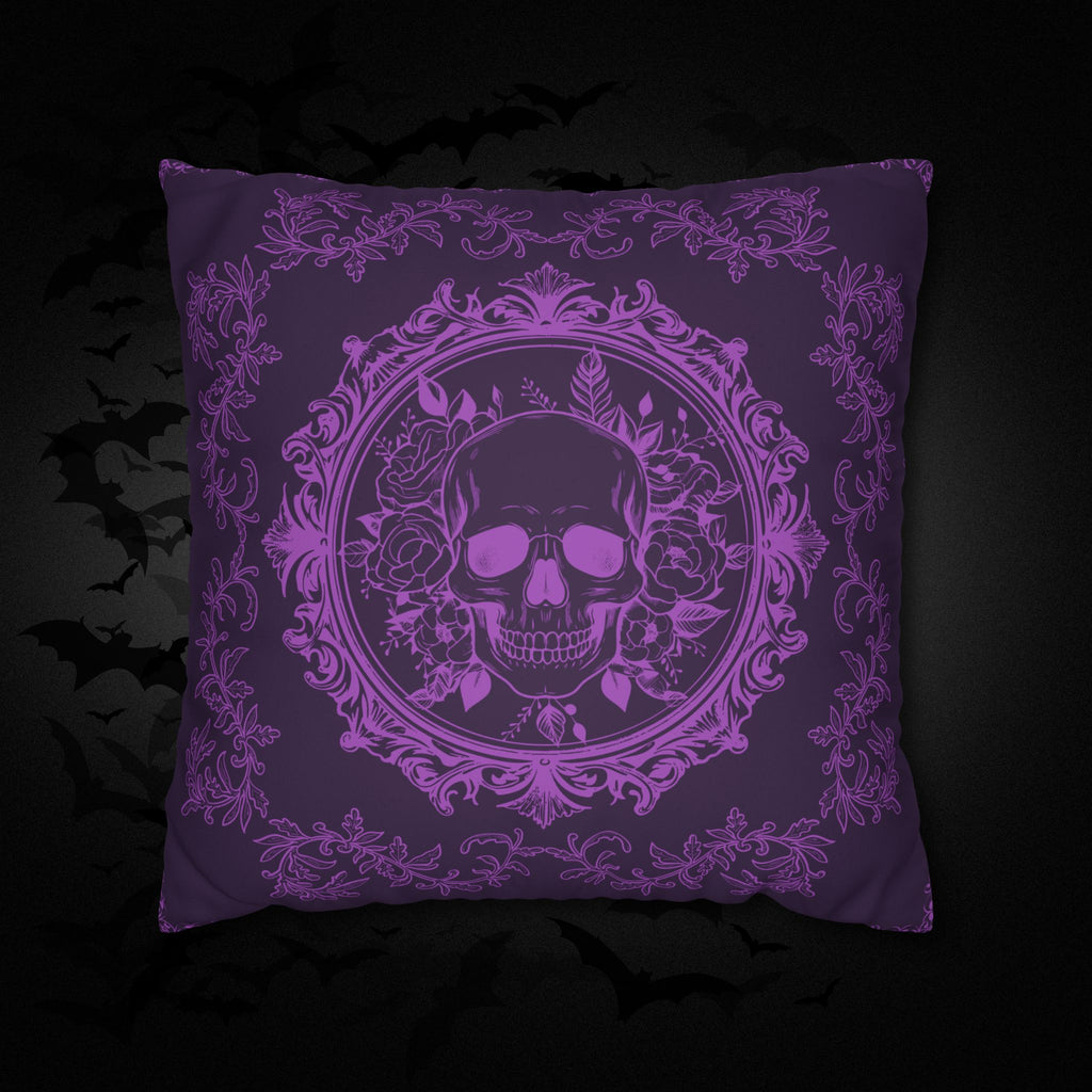 Purple Gothic Floral Skull Throw Pillow — Baroque Botanical Dark Home Decor